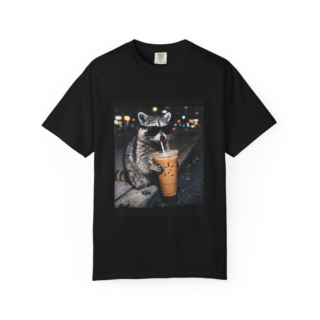 Raccoon Drinking Iced Coffee T-shirt | Night Street Photo Print
