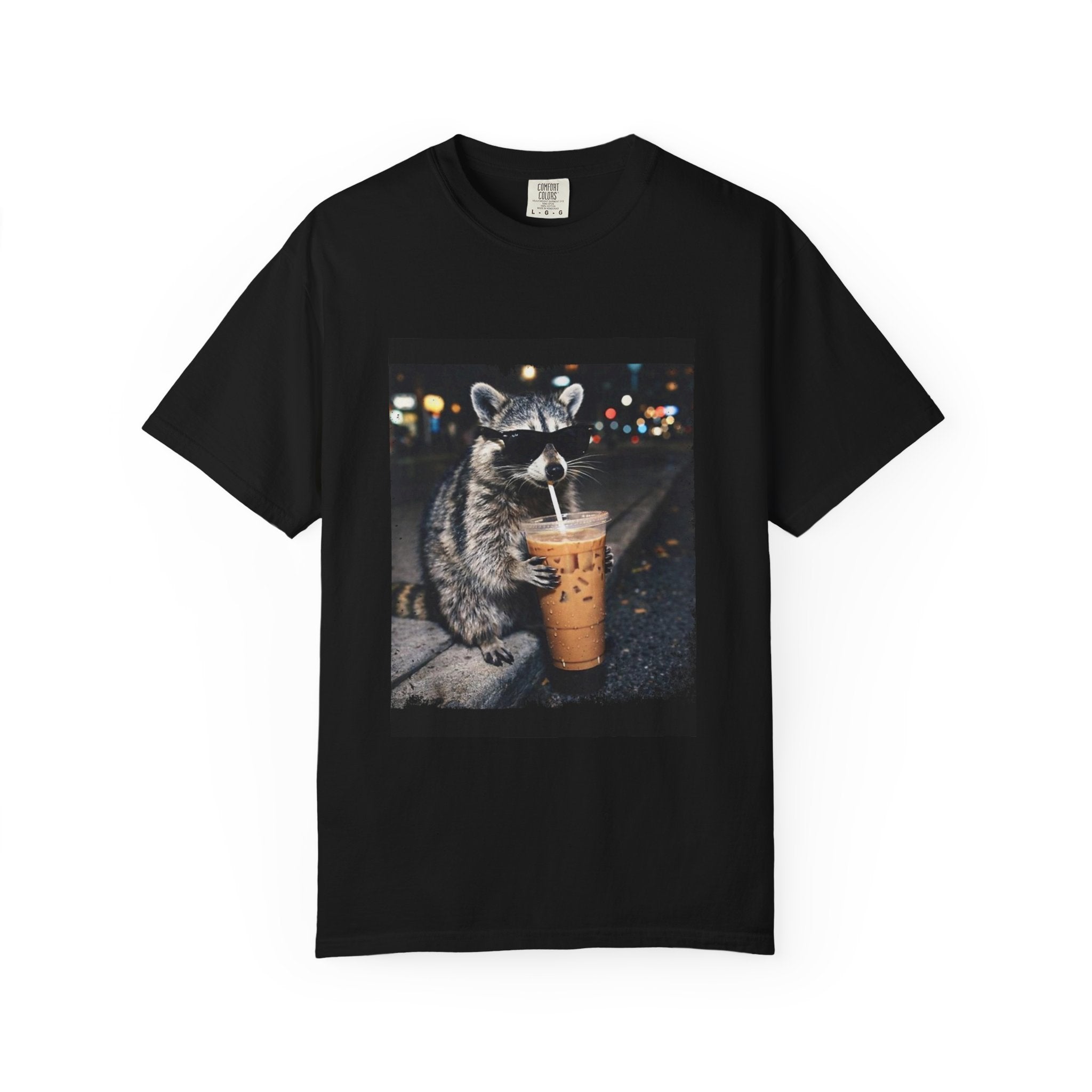 Raccoon Drinking Iced Coffee T-shirt | Night Street Photo Print