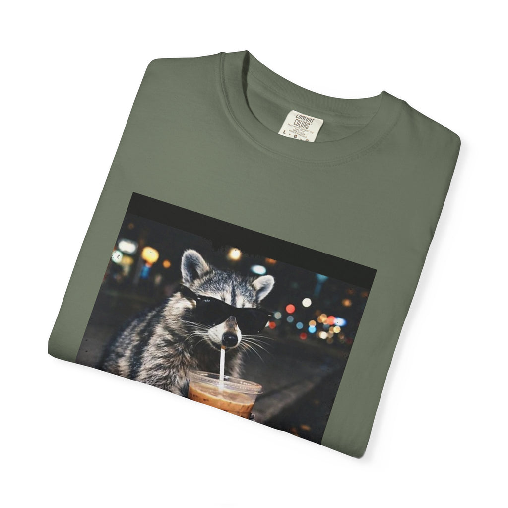 Raccoon Drinking Iced Coffee T-shirt | Night Street Photo Print