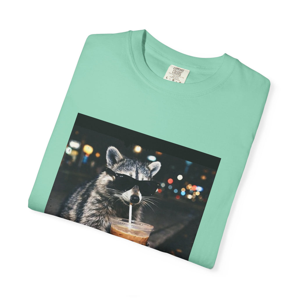 Raccoon Drinking Iced Coffee T-shirt | Night Street Photo Print