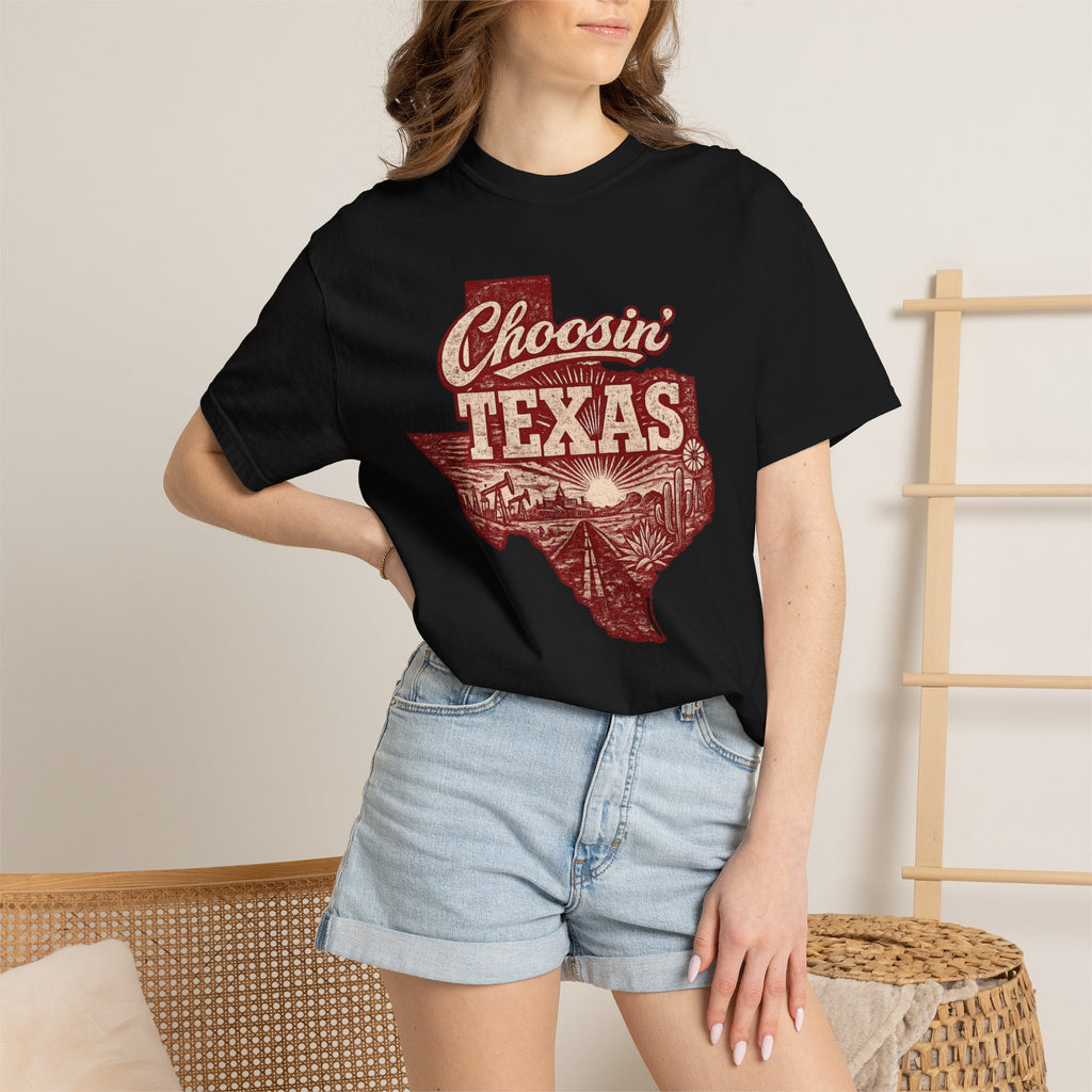 Choosin' Texas T-shirt | Texas state silhouette with vintage road scene
