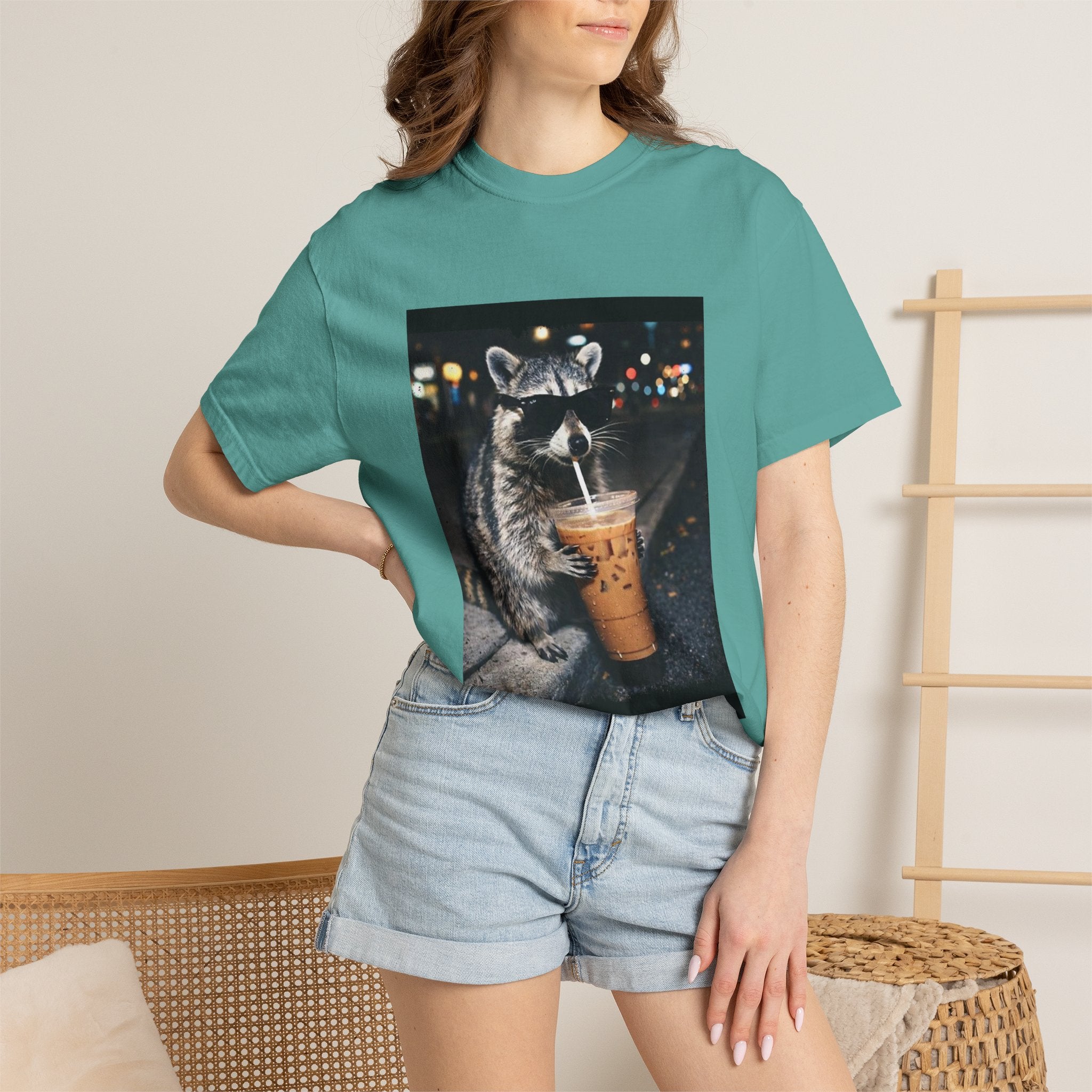 Raccoon Drinking Iced Coffee T-shirt | Night Street Photo Print