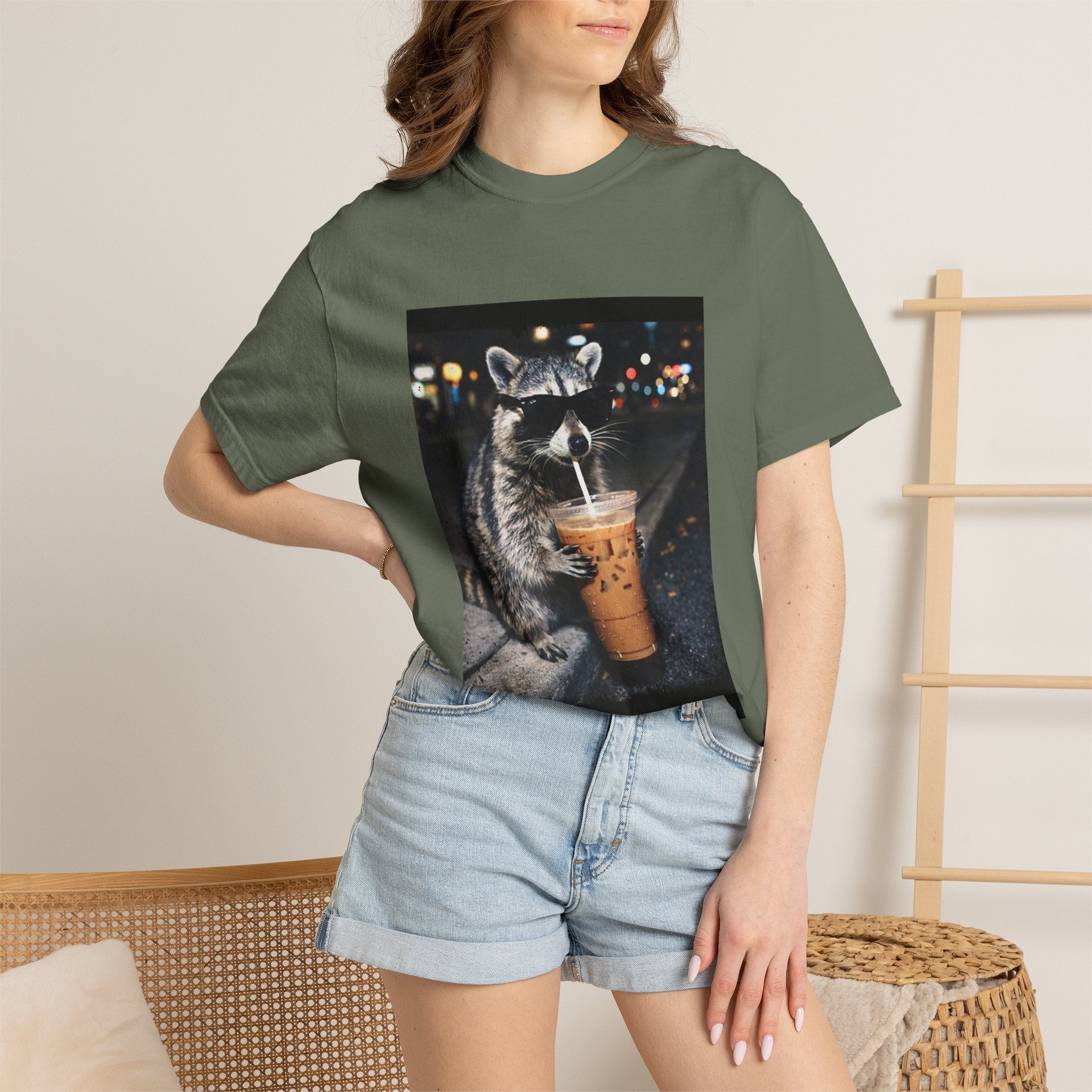 Raccoon Drinking Iced Coffee T-shirt | Night Street Photo Print