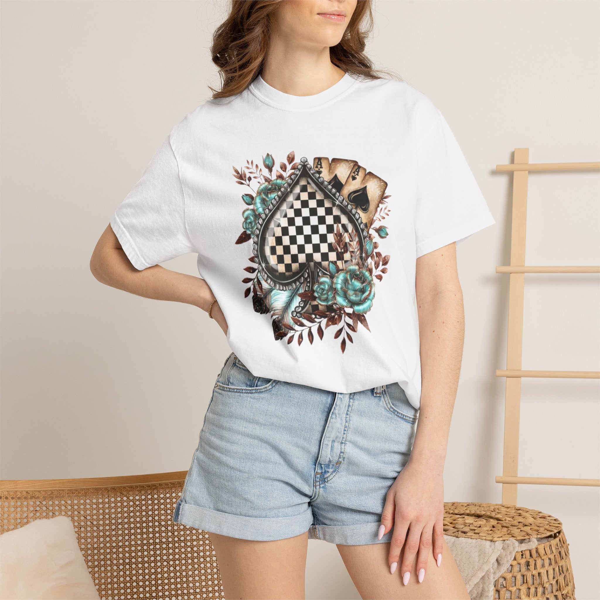 Checkerboard Heart Floral T-shirt | Vintage Roses, Feathers