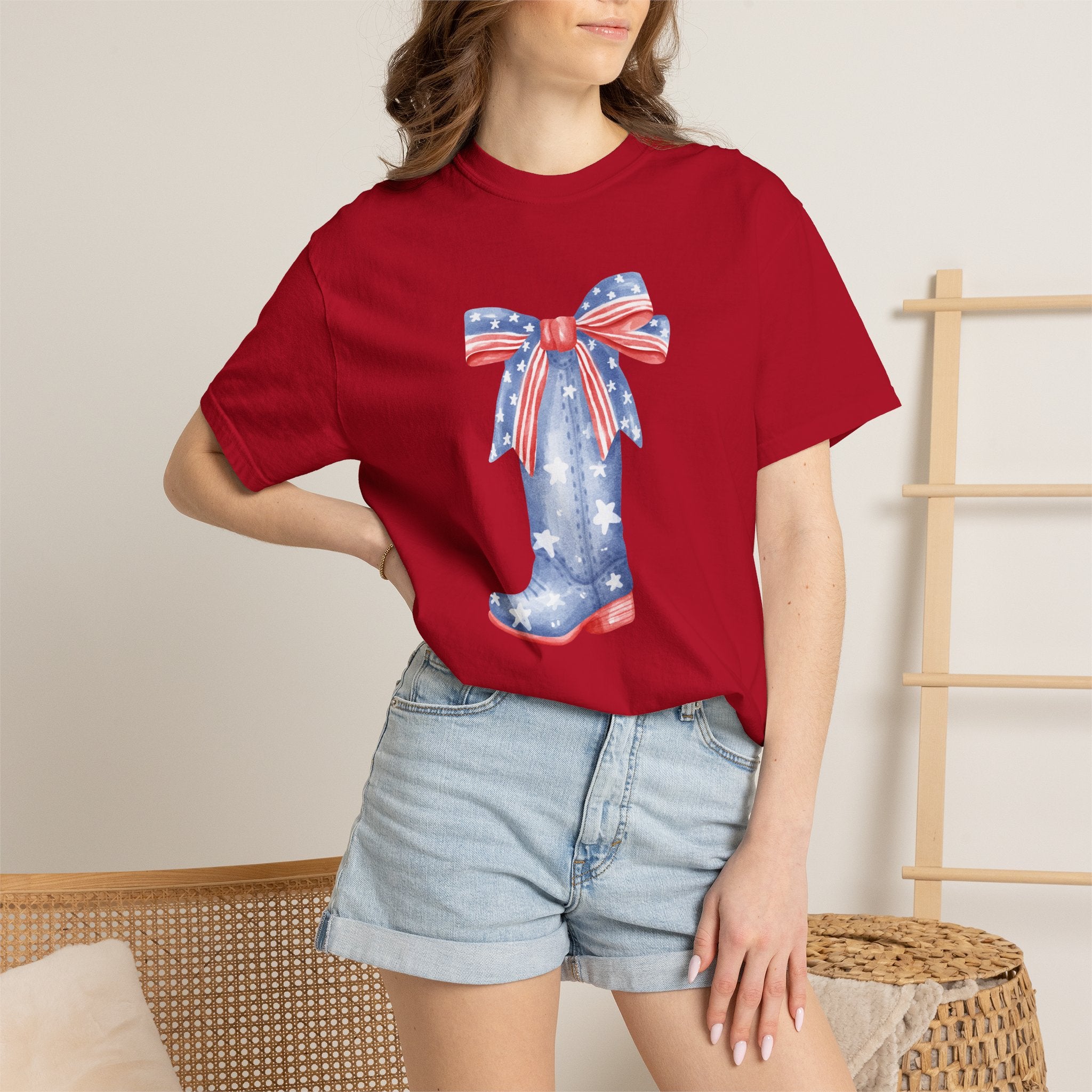 Patriotic Cowboy Boot with Bow T-shirt | American Flag Western Tee