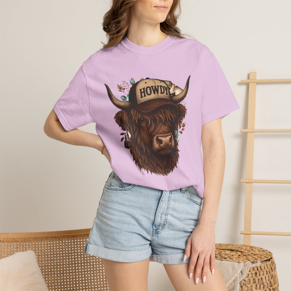 Highland Cow Wearing 'Howdy' Hat T-Shirt | Rustic Cattle Graphic Tee