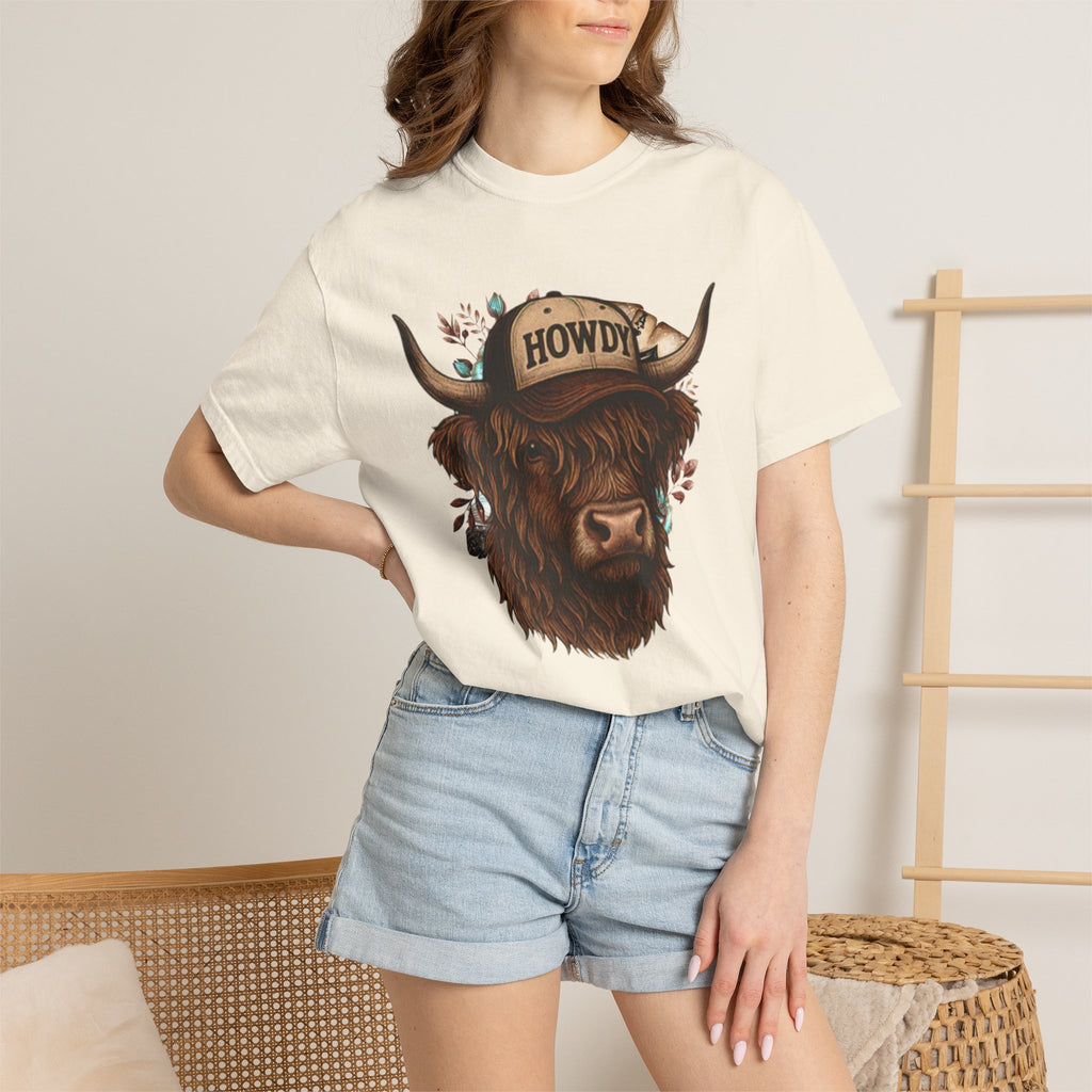 Highland Cow Wearing 'Howdy' Hat T-Shirt | Rustic Cattle Graphic Tee