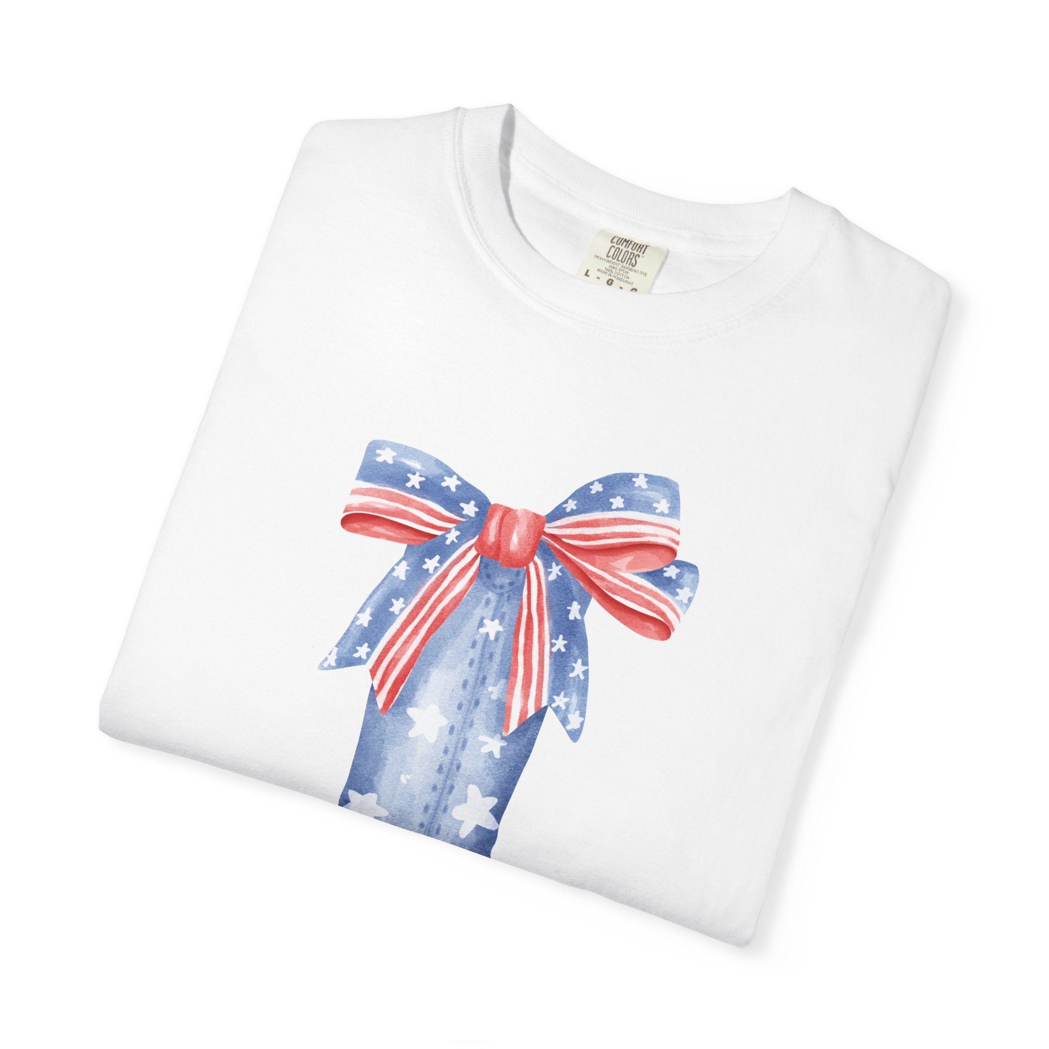Patriotic Cowboy Boot with Bow T-shirt | American Flag Western Tee