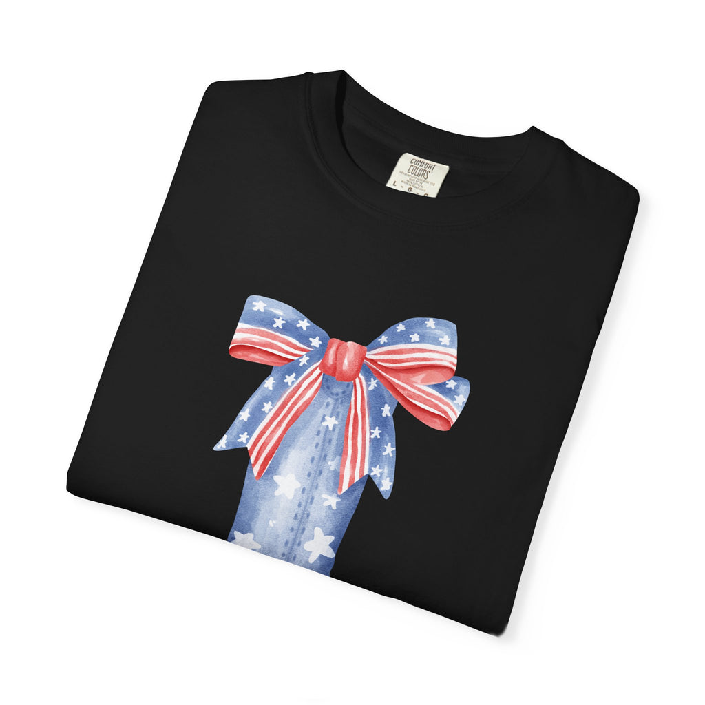 Patriotic Cowboy Boot with Bow T-shirt | American Flag Western Tee