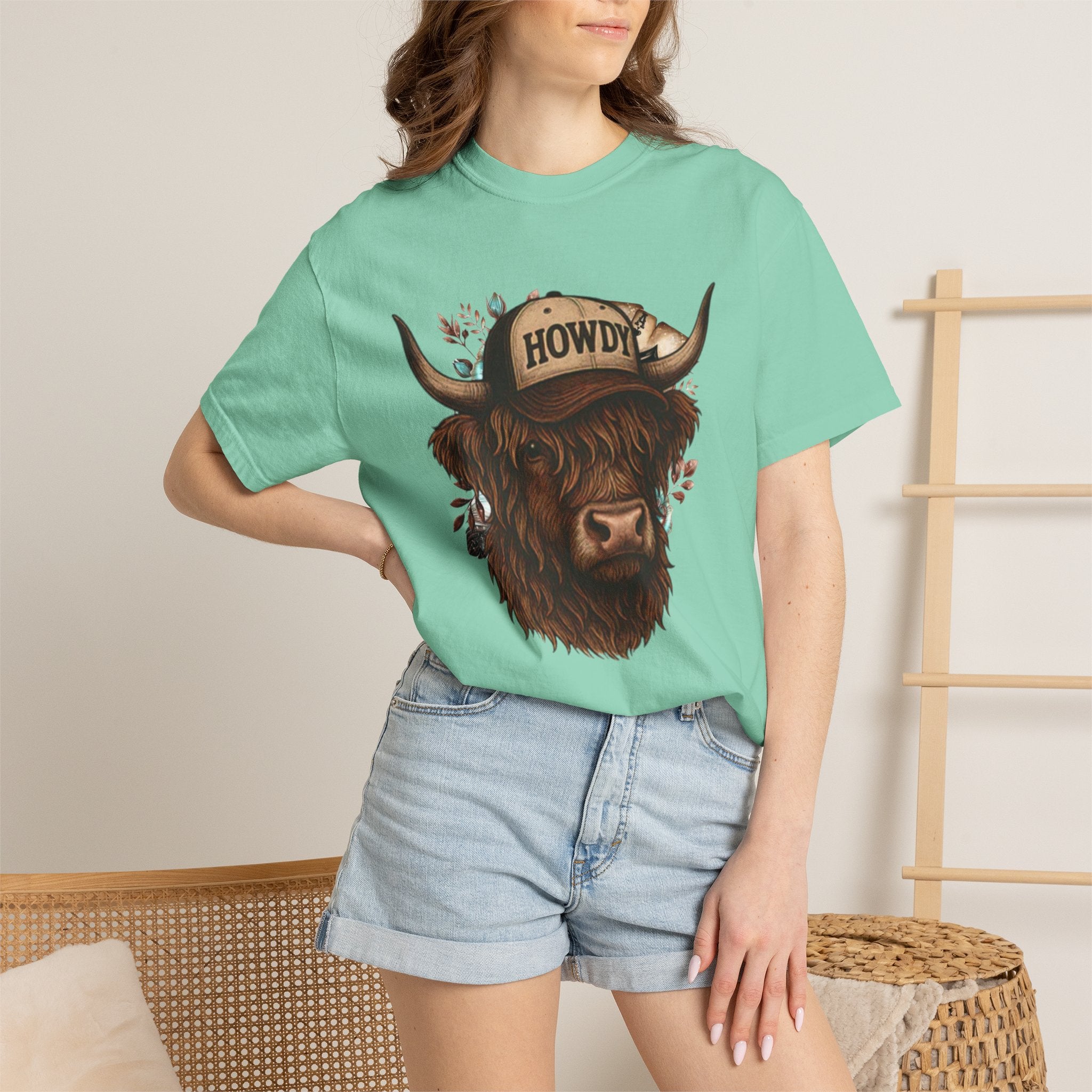 Highland Cow Wearing 'Howdy' Hat T-Shirt | Rustic Cattle Graphic Tee