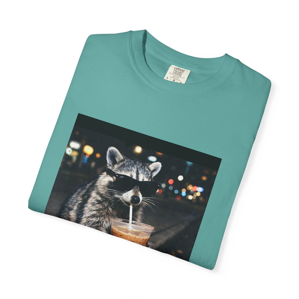 Raccoon Drinking Iced Coffee T-shirt | Night Street Photo Print