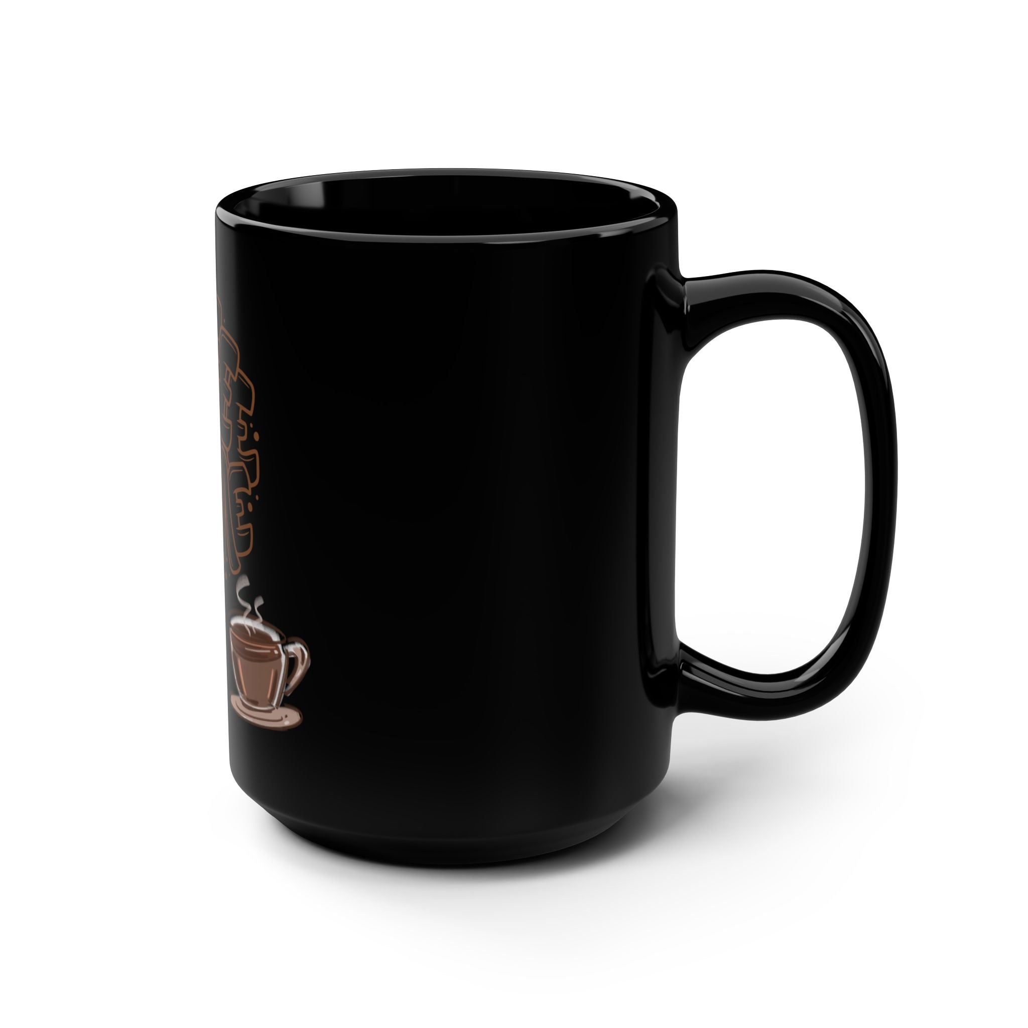 Coffee Time mug | Black 15oz ceramic coffee cup, latte art illustration