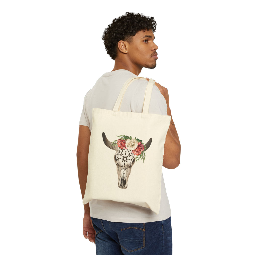 Floral Bull Skull Tote Bag | Boho Western Canvas Tote