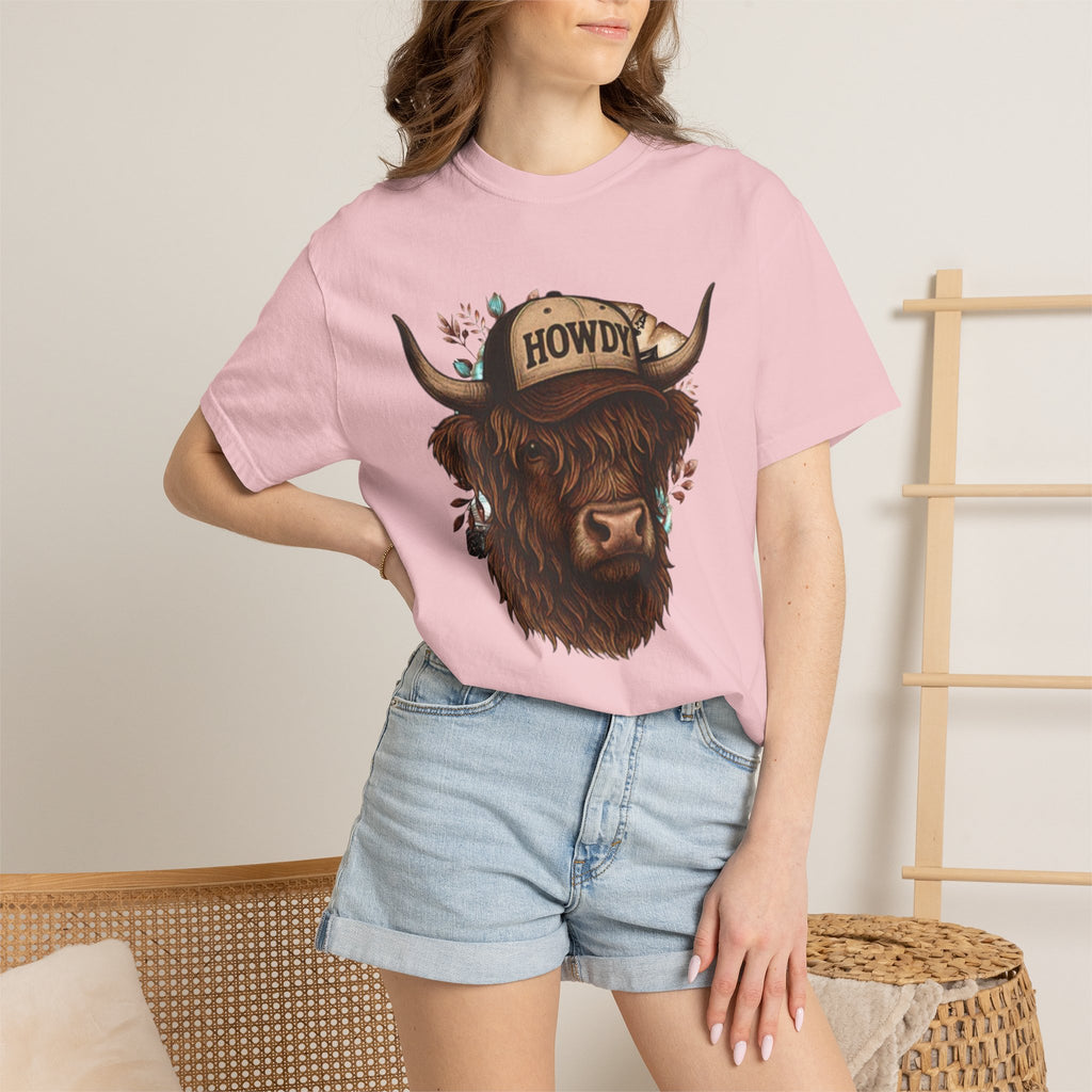 Highland Cow Wearing 'Howdy' Hat T-Shirt | Rustic Cattle Graphic Tee