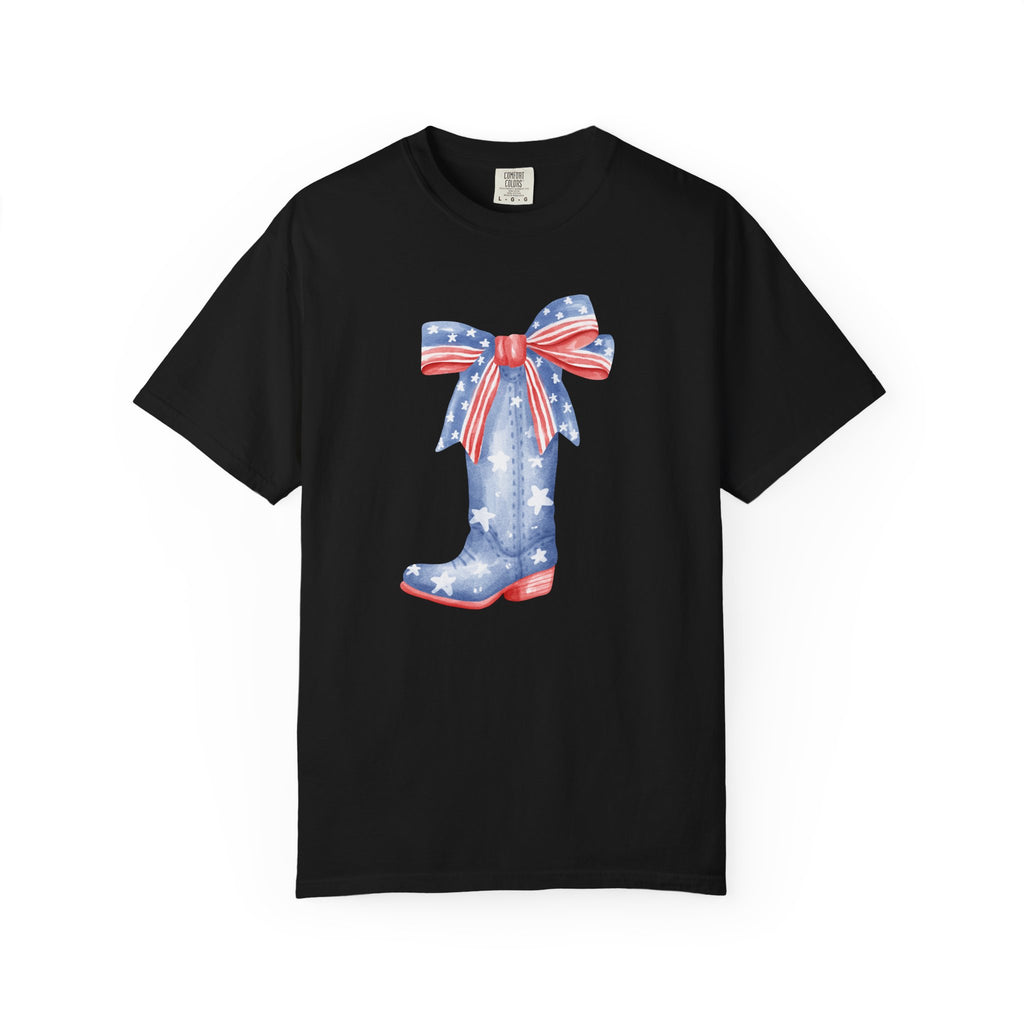 Patriotic Cowboy Boot with Bow T-shirt | American Flag Western Tee