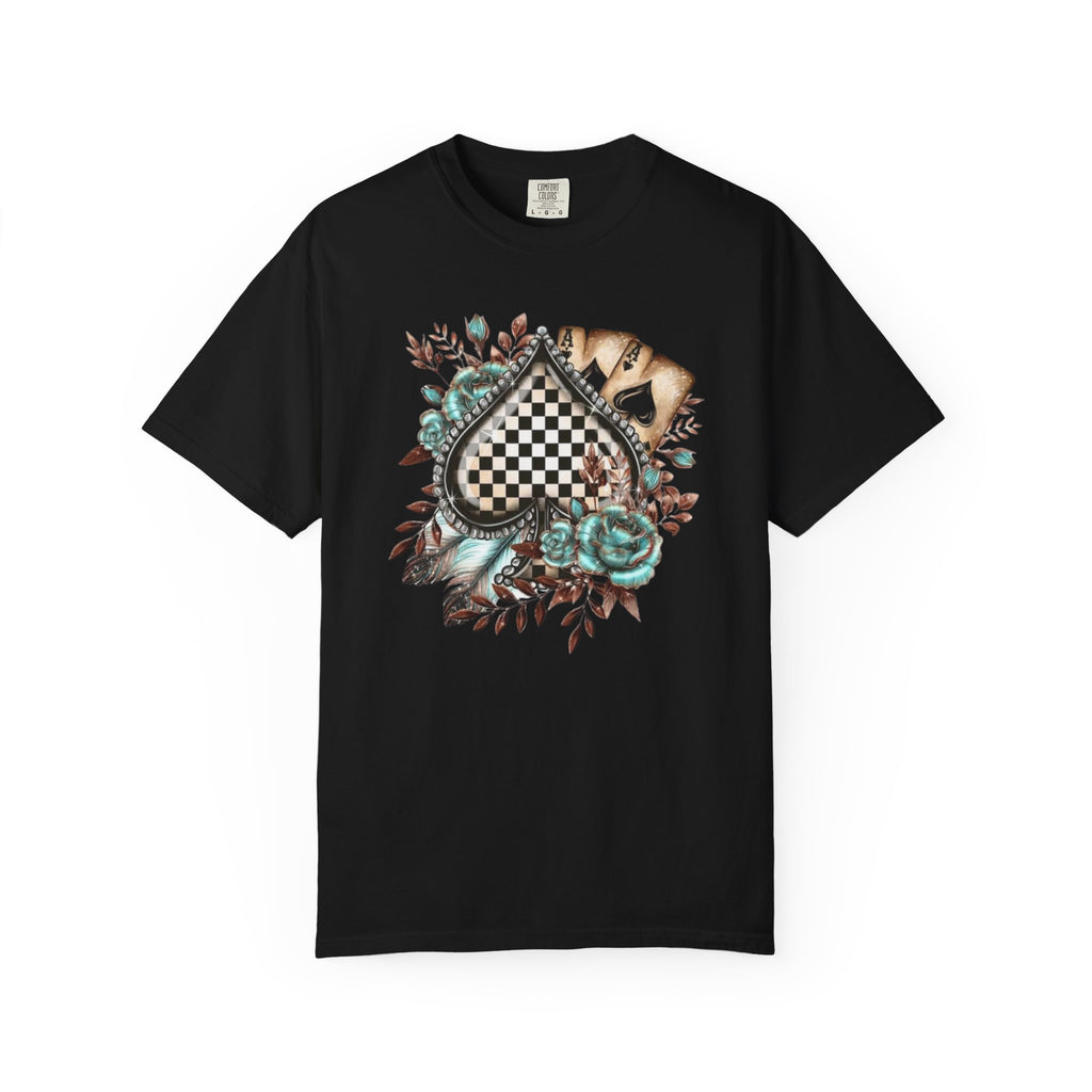 Checkerboard Heart Floral T-shirt | Vintage Roses, Feathers