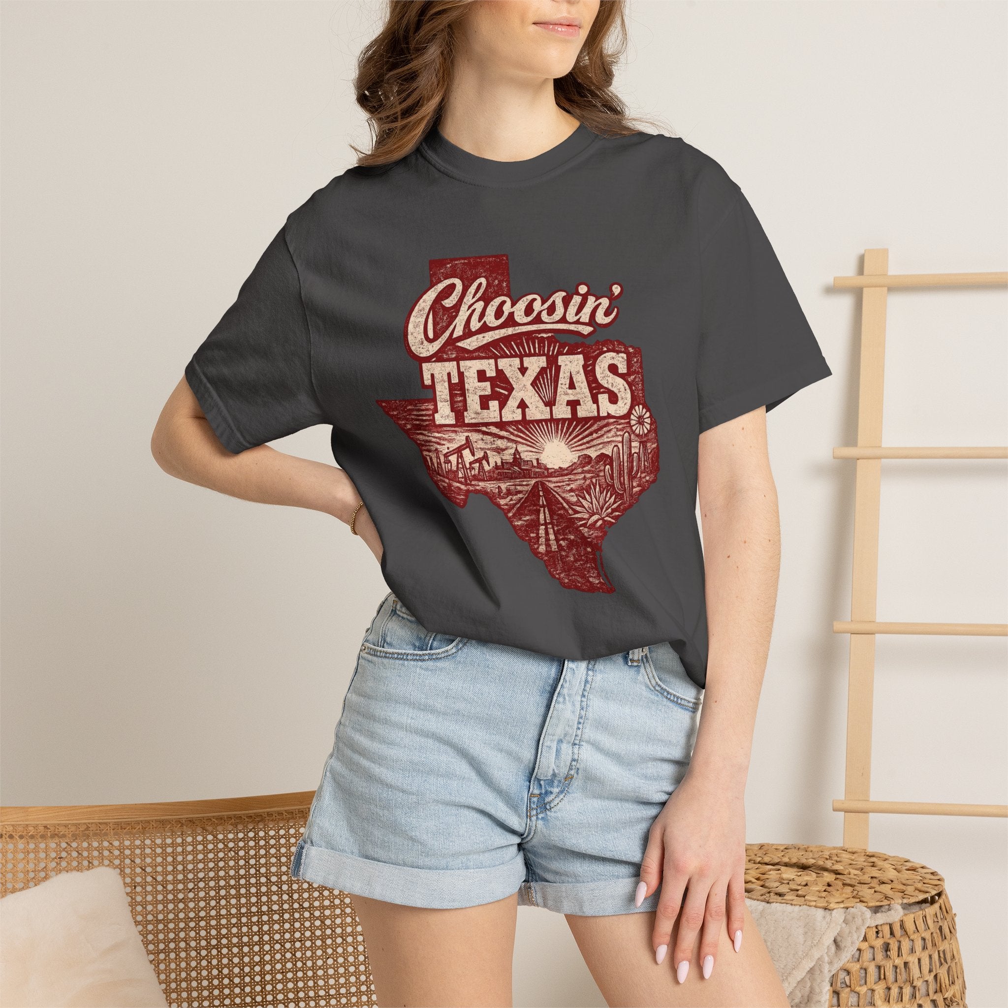 Choosin' Texas T-shirt | Texas state silhouette with vintage road scene