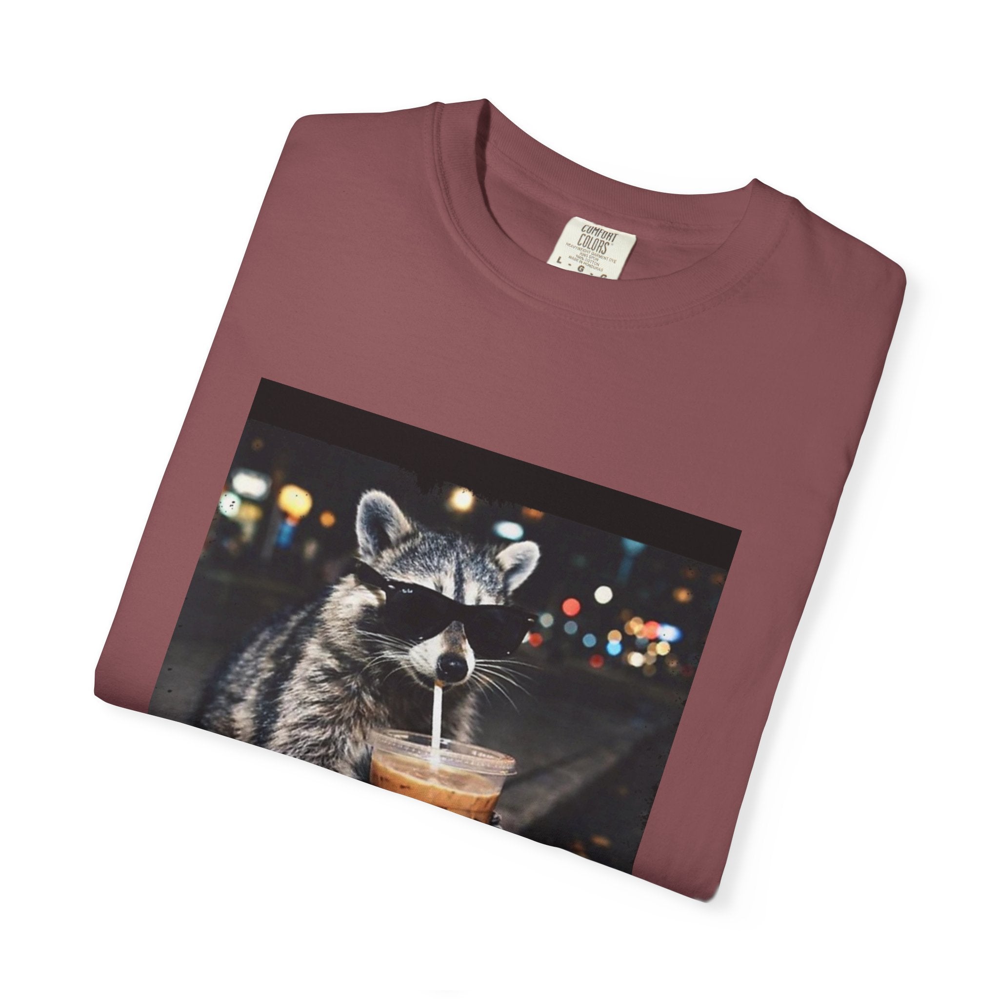 Raccoon Drinking Iced Coffee T-shirt | Night Street Photo Print