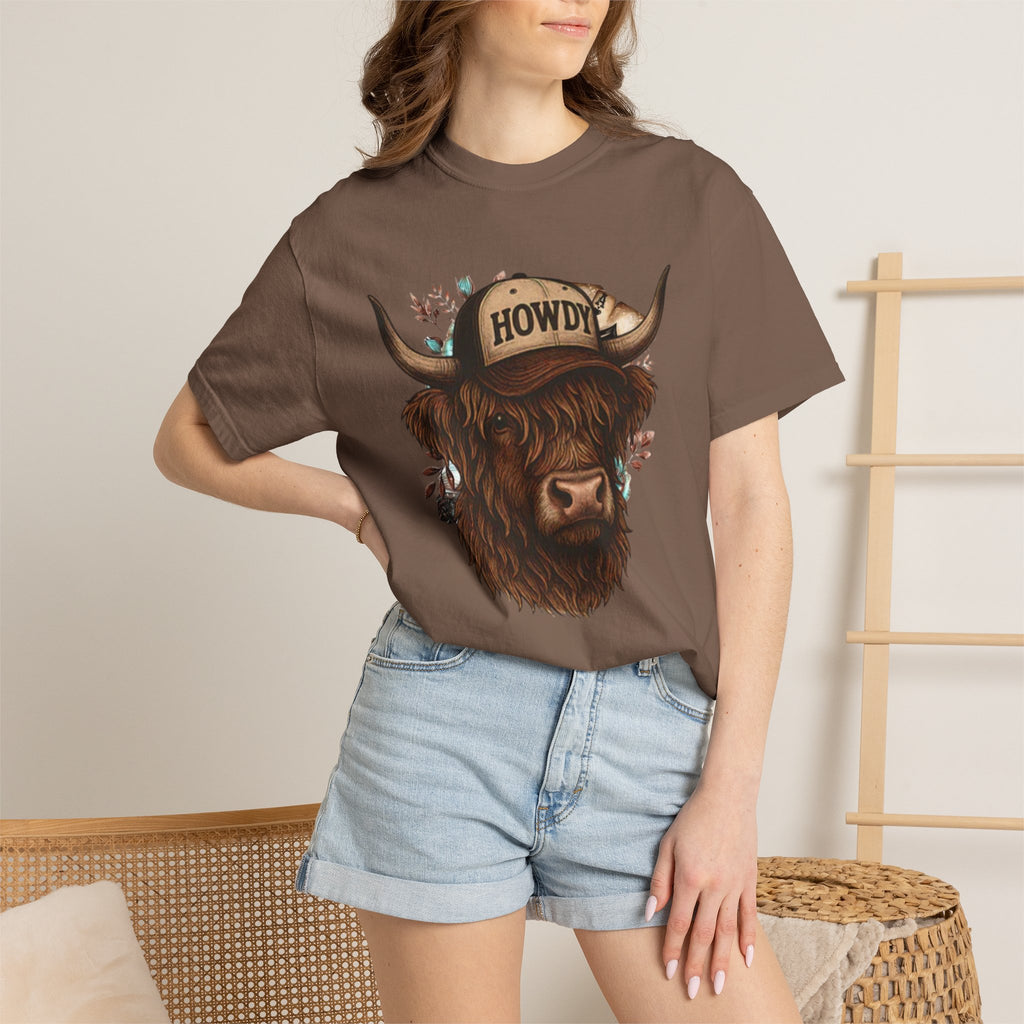 Highland Cow Wearing 'Howdy' Hat T-Shirt | Rustic Cattle Graphic Tee