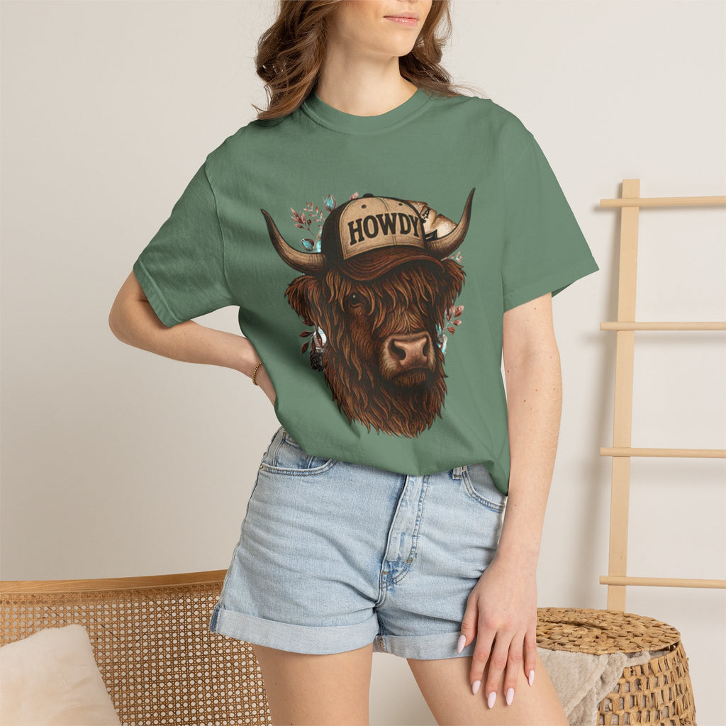 Highland Cow Wearing 'Howdy' Hat T-Shirt | Rustic Cattle Graphic Tee