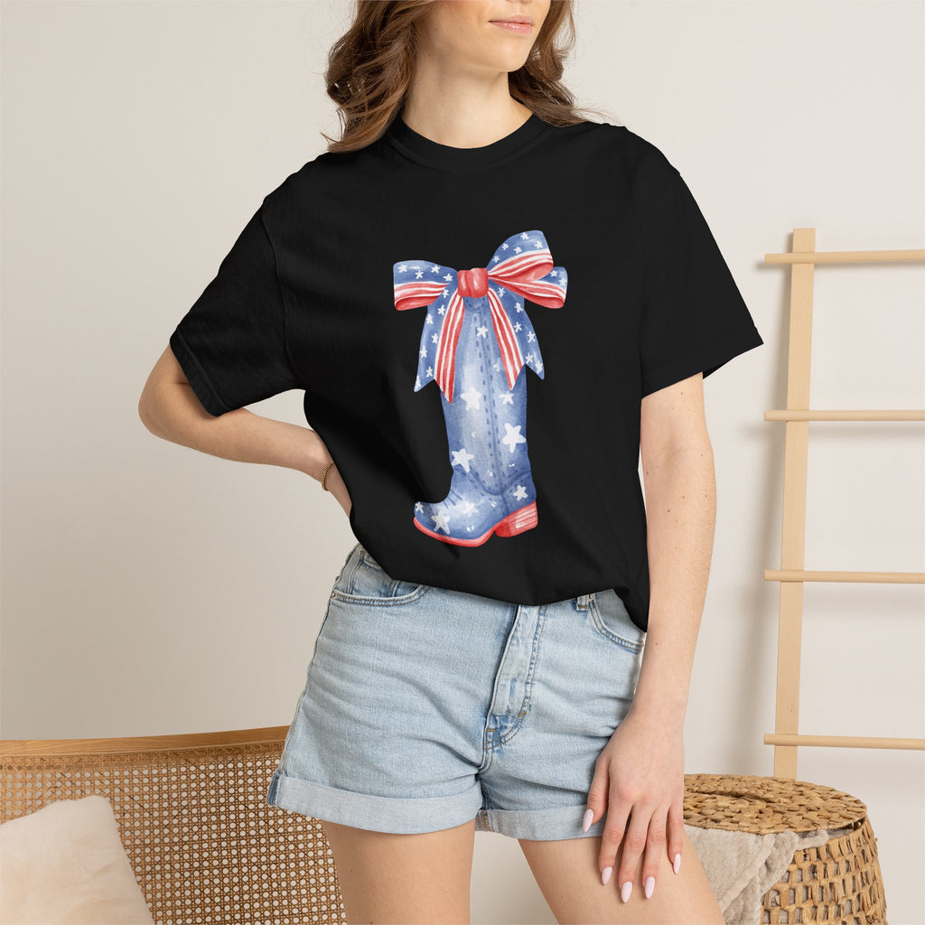 Patriotic Cowboy Boot with Bow T-shirt | American Flag Western Tee
