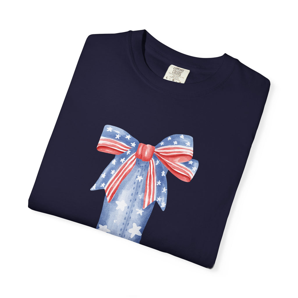Patriotic Cowboy Boot with Bow T-shirt | American Flag Western Tee