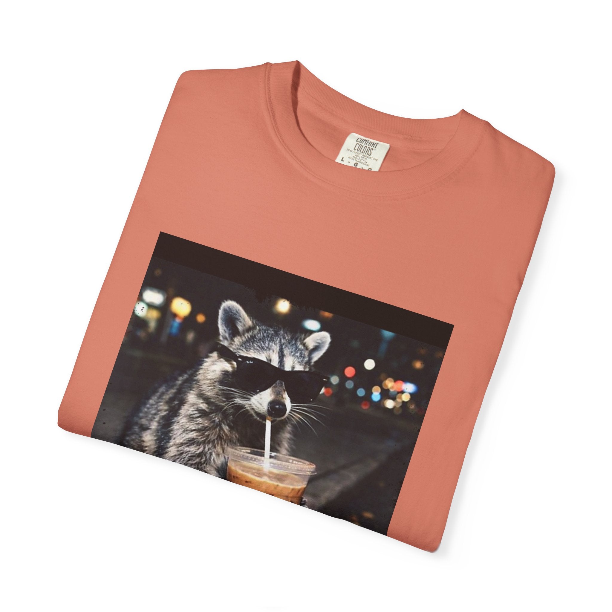 Raccoon Drinking Iced Coffee T-shirt | Night Street Photo Print