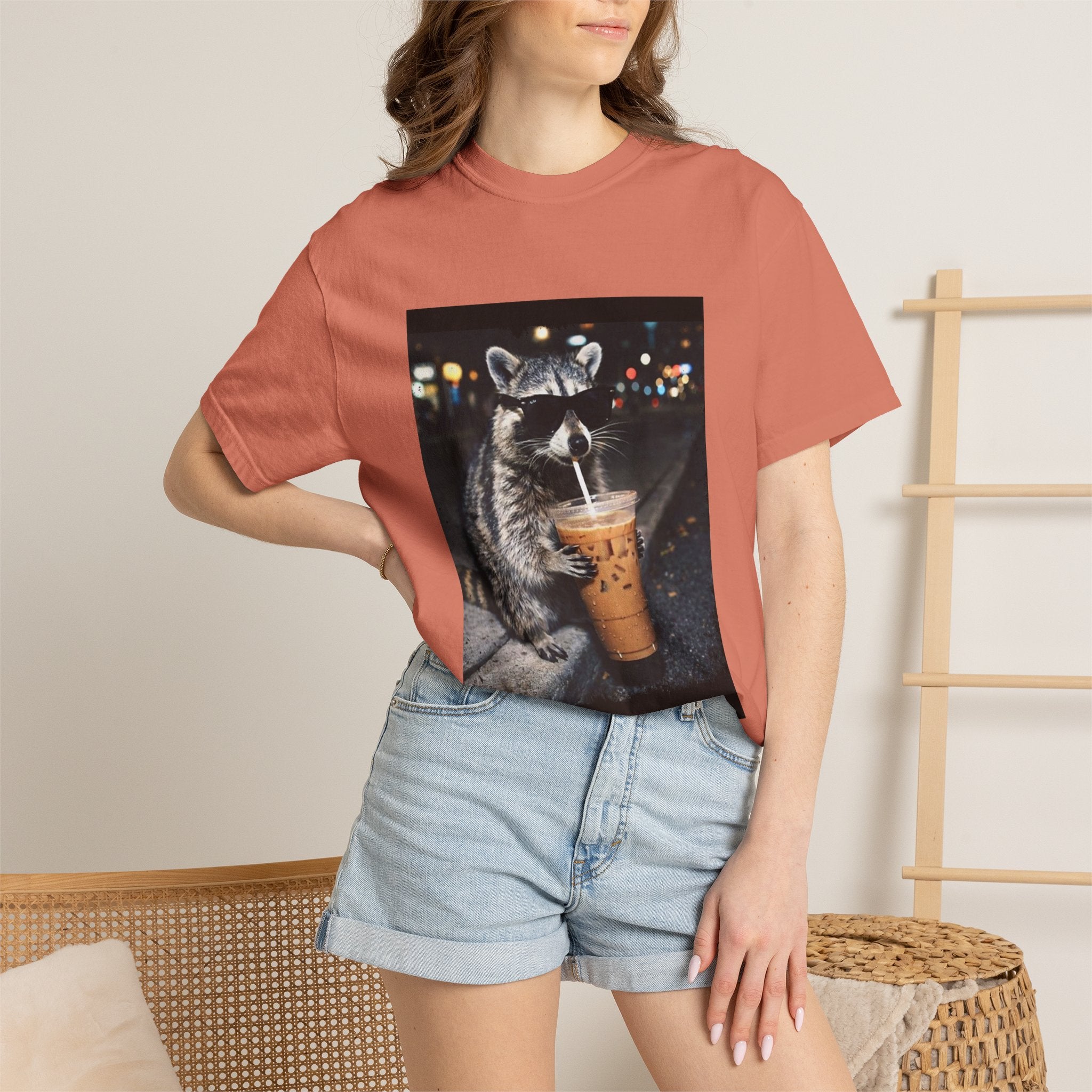 Raccoon Drinking Iced Coffee T-shirt | Night Street Photo Print