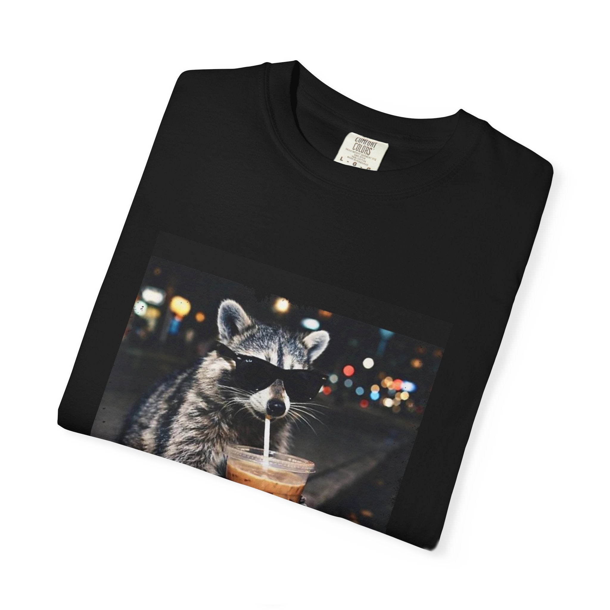 Raccoon Drinking Iced Coffee T-shirt | Night Street Photo Print