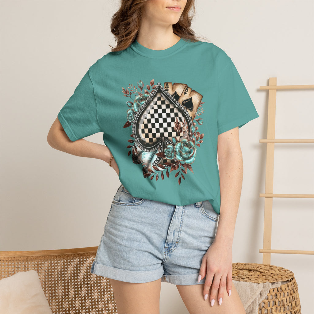 Checkerboard Heart Floral T-shirt | Vintage Roses, Feathers