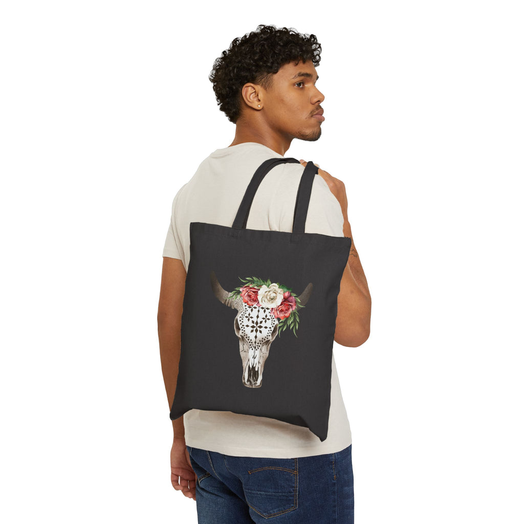 Floral Bull Skull Tote Bag | Boho Western Canvas Tote