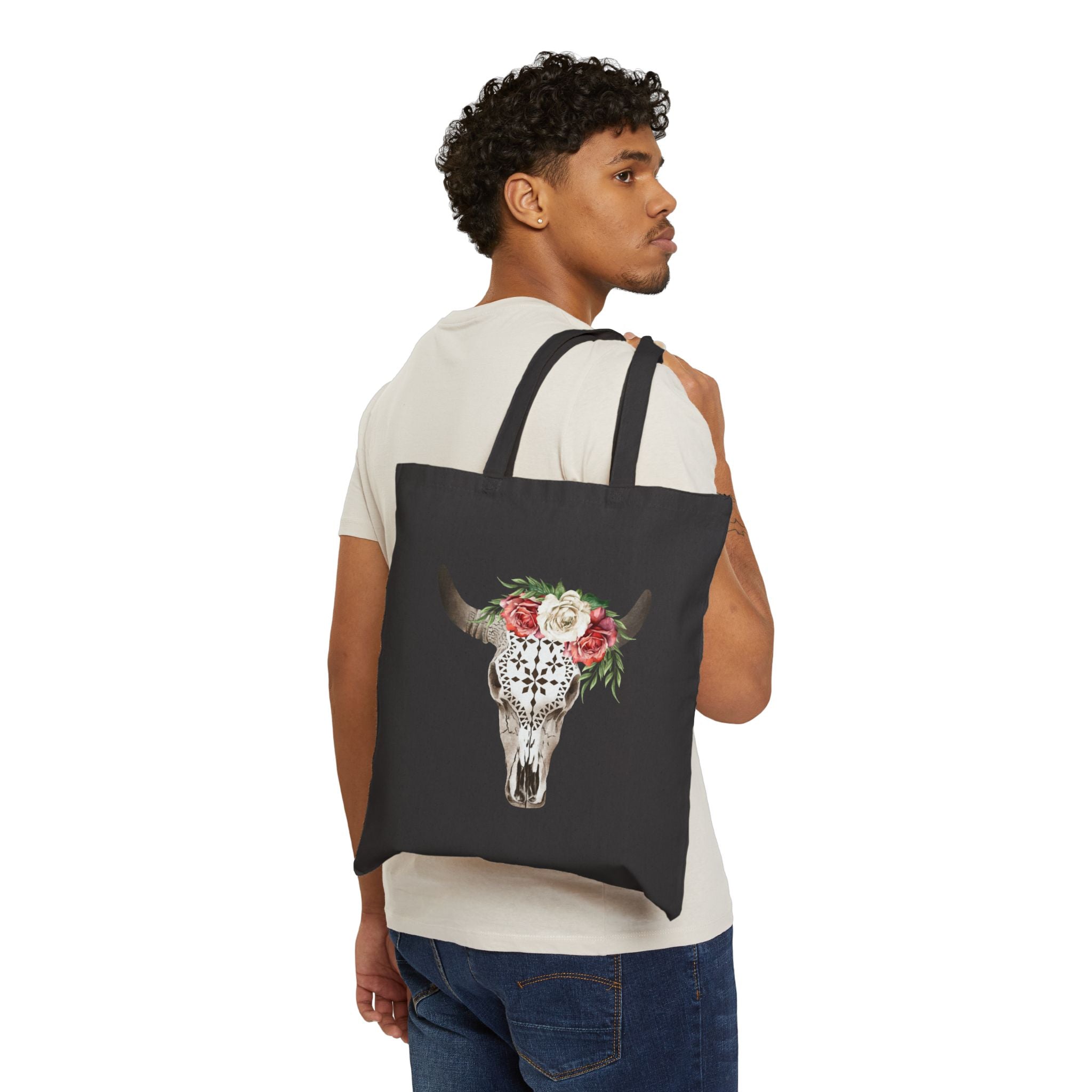 Floral Bull Skull Tote Bag | Boho Western Canvas Tote