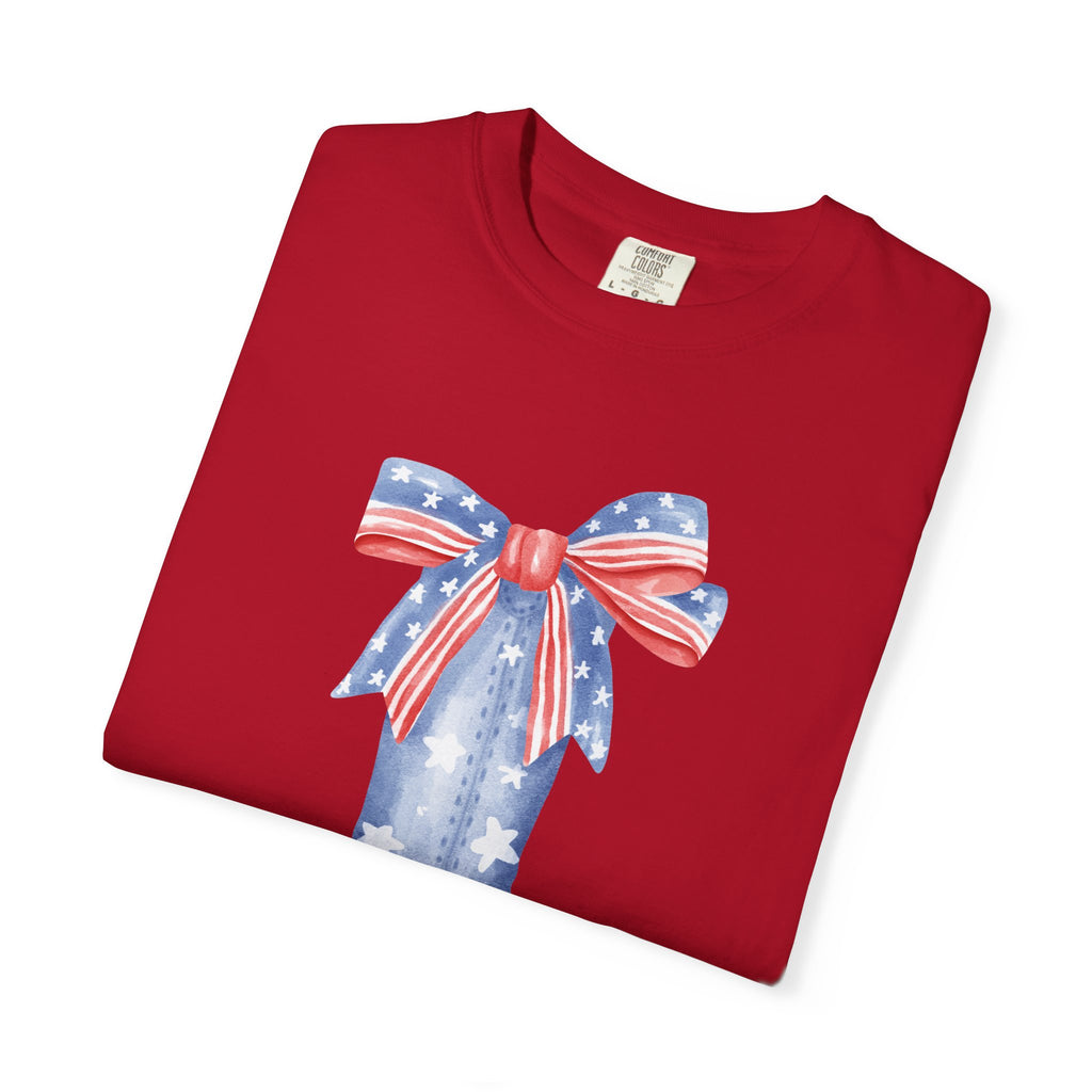 Patriotic Cowboy Boot with Bow T-shirt | American Flag Western Tee