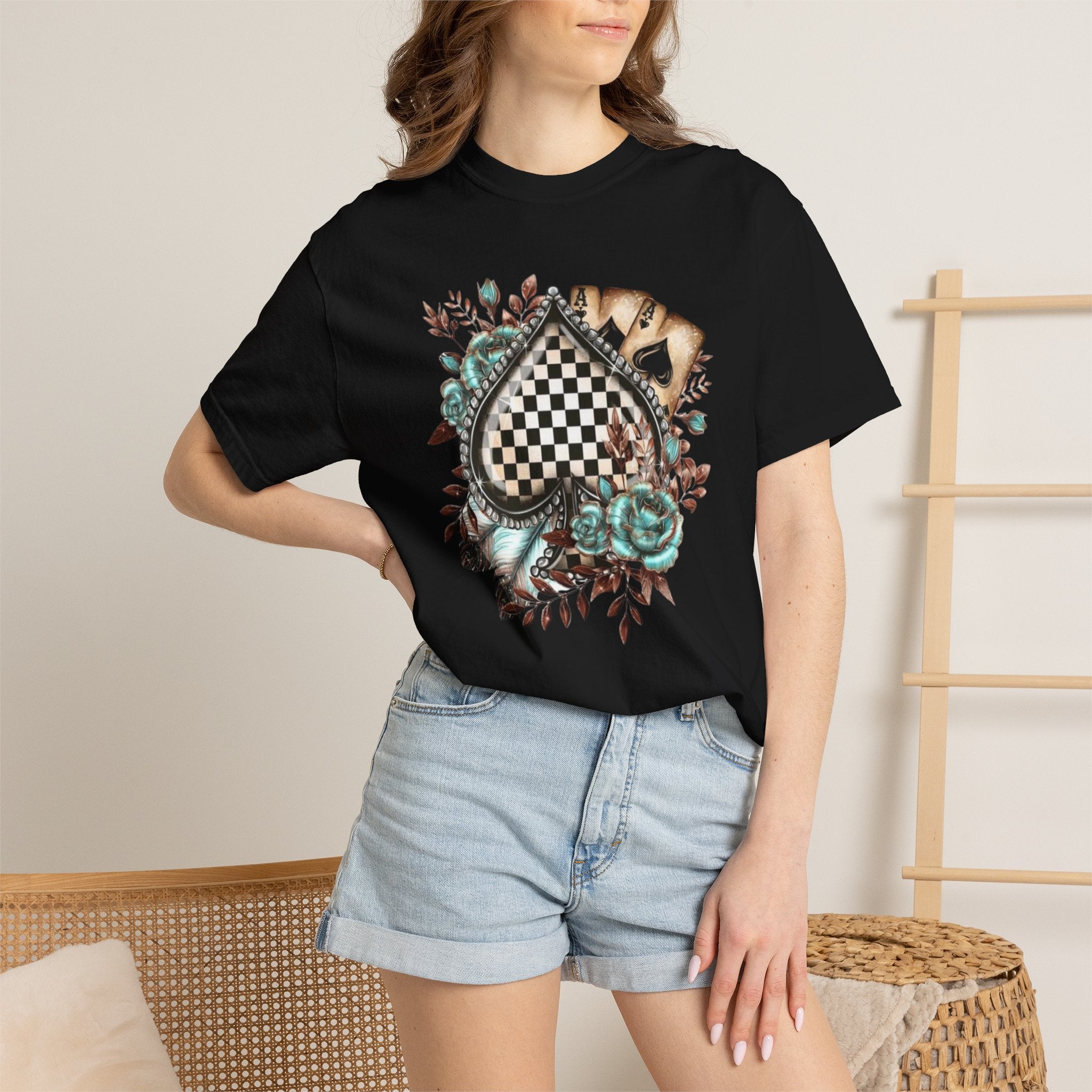 Checkerboard Heart Floral T-shirt | Vintage Roses, Feathers