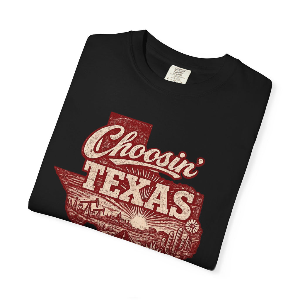 Choosin' Texas T-shirt | Texas state silhouette with vintage road scene