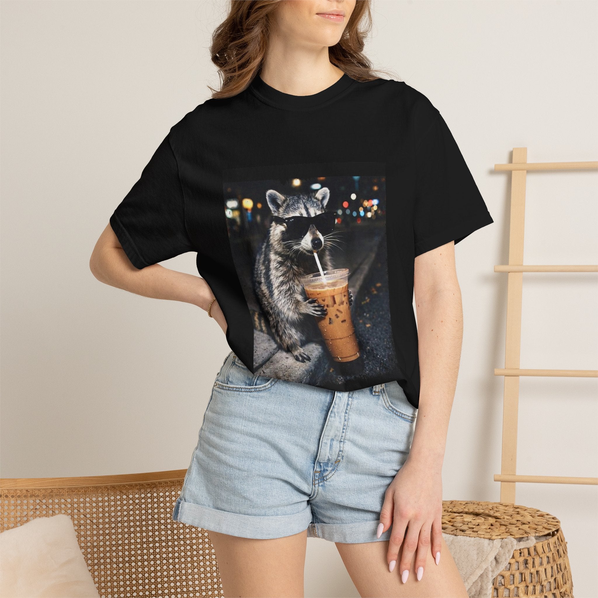 Raccoon Drinking Iced Coffee T-shirt | Night Street Photo Print