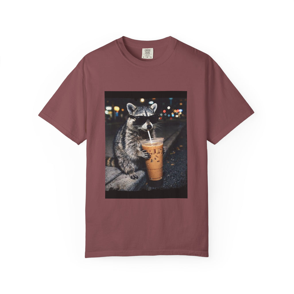 Raccoon Drinking Iced Coffee T-shirt | Night Street Photo Print