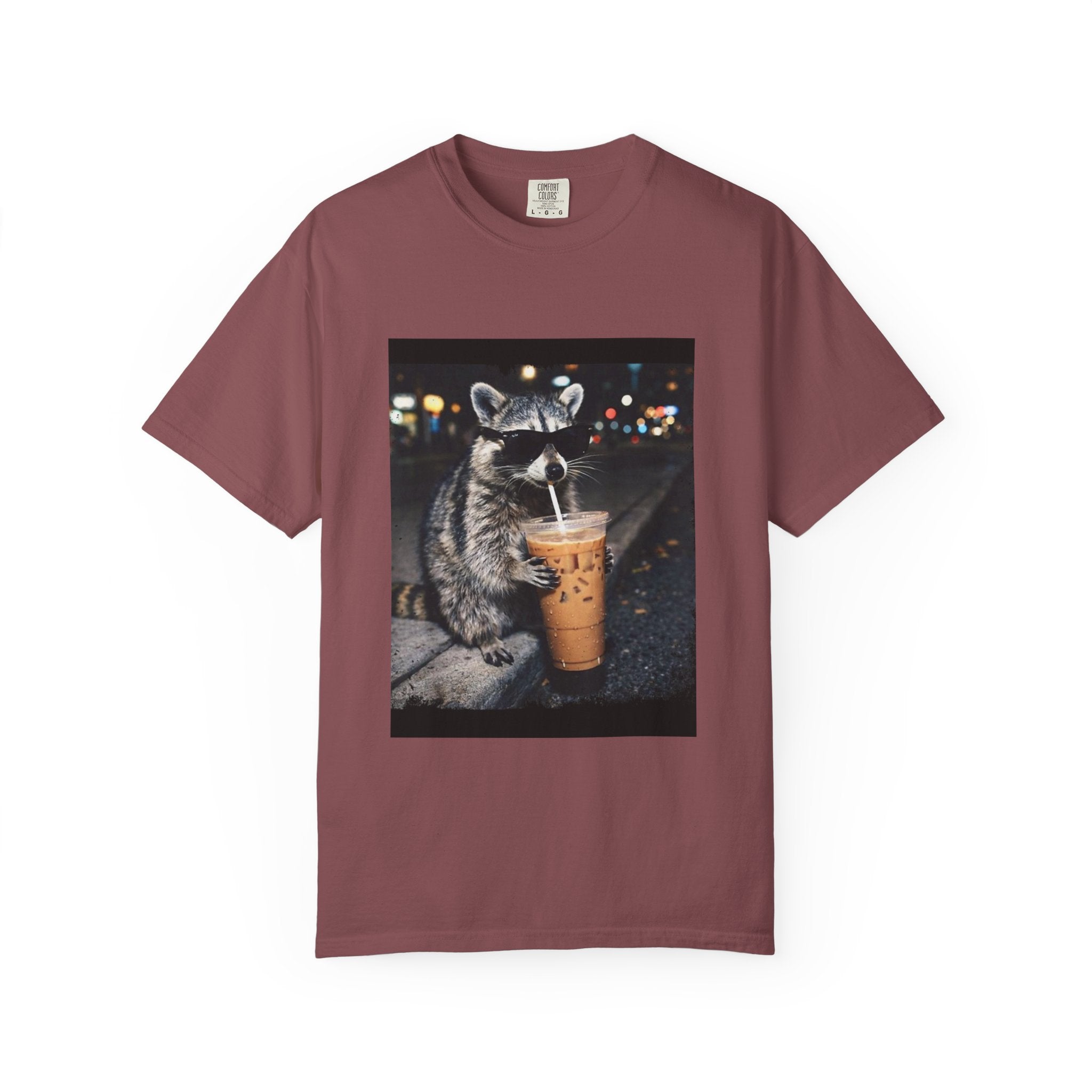 Raccoon Drinking Iced Coffee T-shirt | Night Street Photo Print