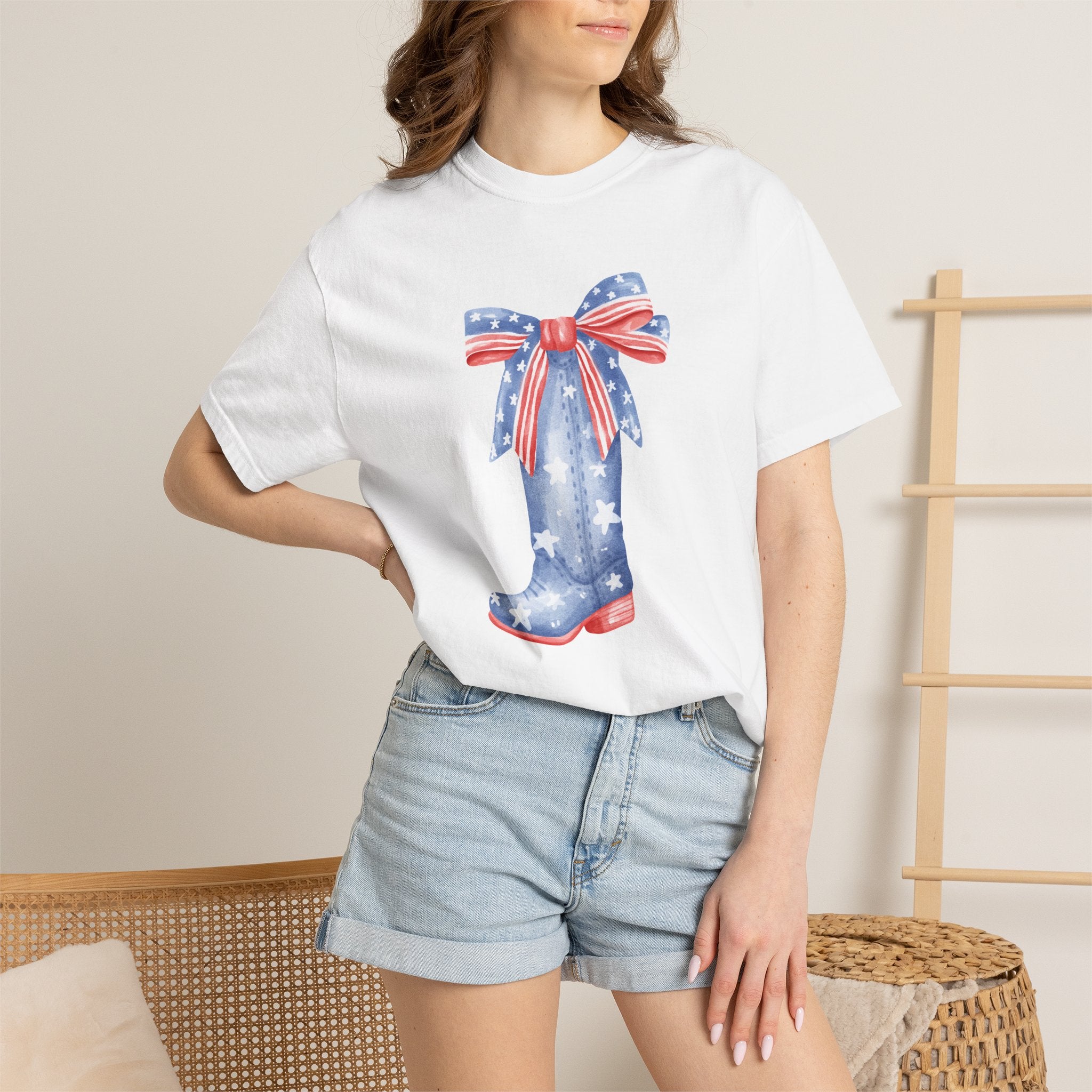 Patriotic Cowboy Boot with Bow T-shirt | American Flag Western Tee