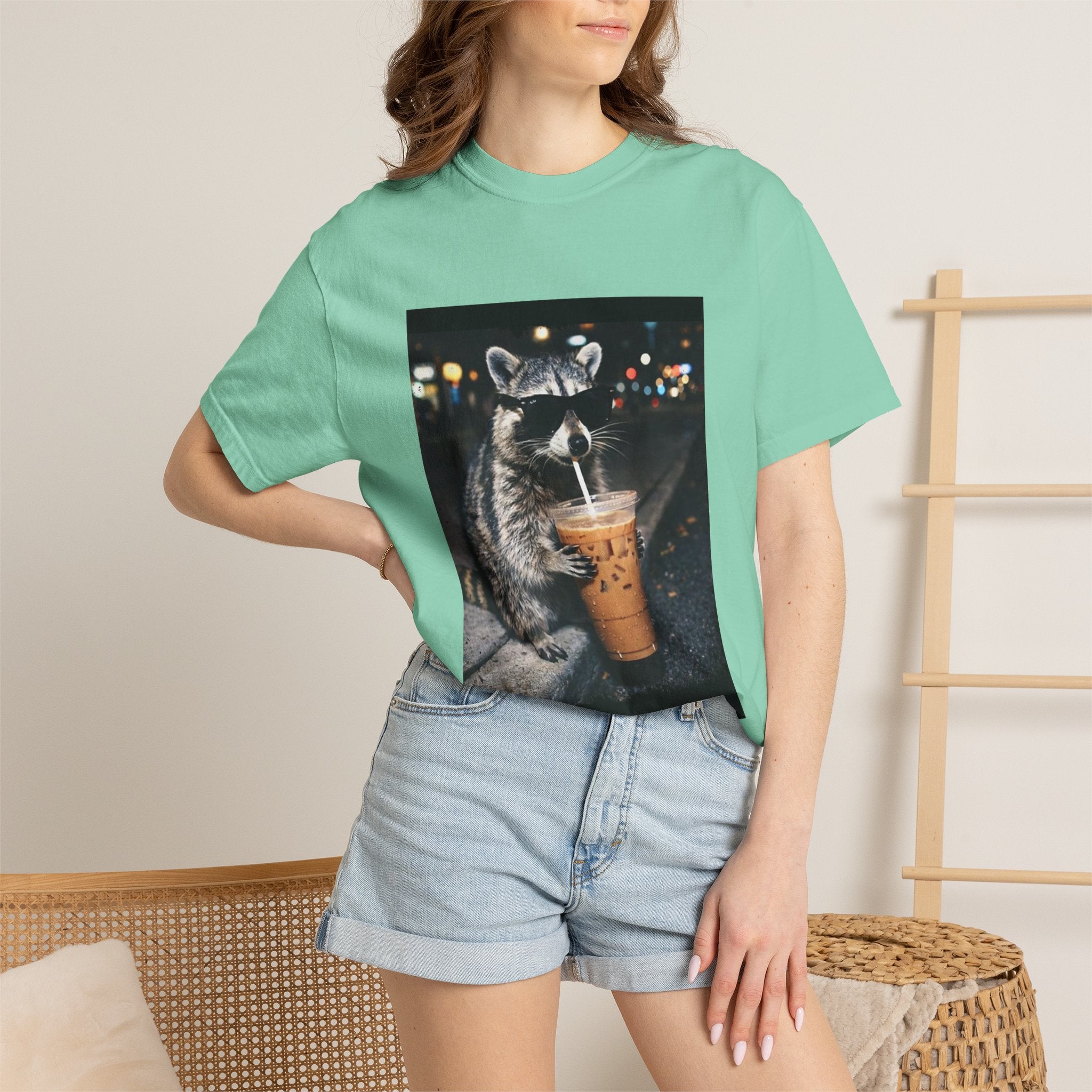 Raccoon Drinking Iced Coffee T-shirt | Night Street Photo Print