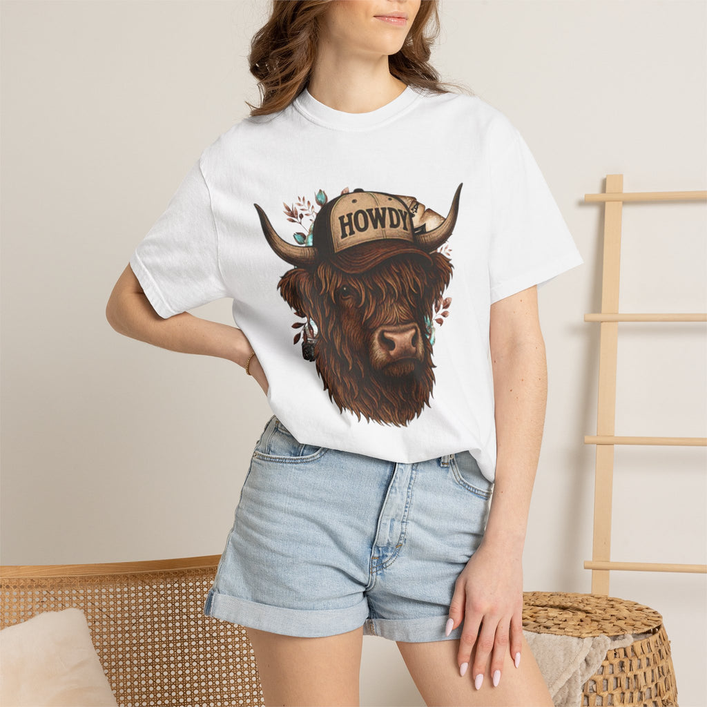 Highland Cow Wearing 'Howdy' Hat T-Shirt | Rustic Cattle Graphic Tee