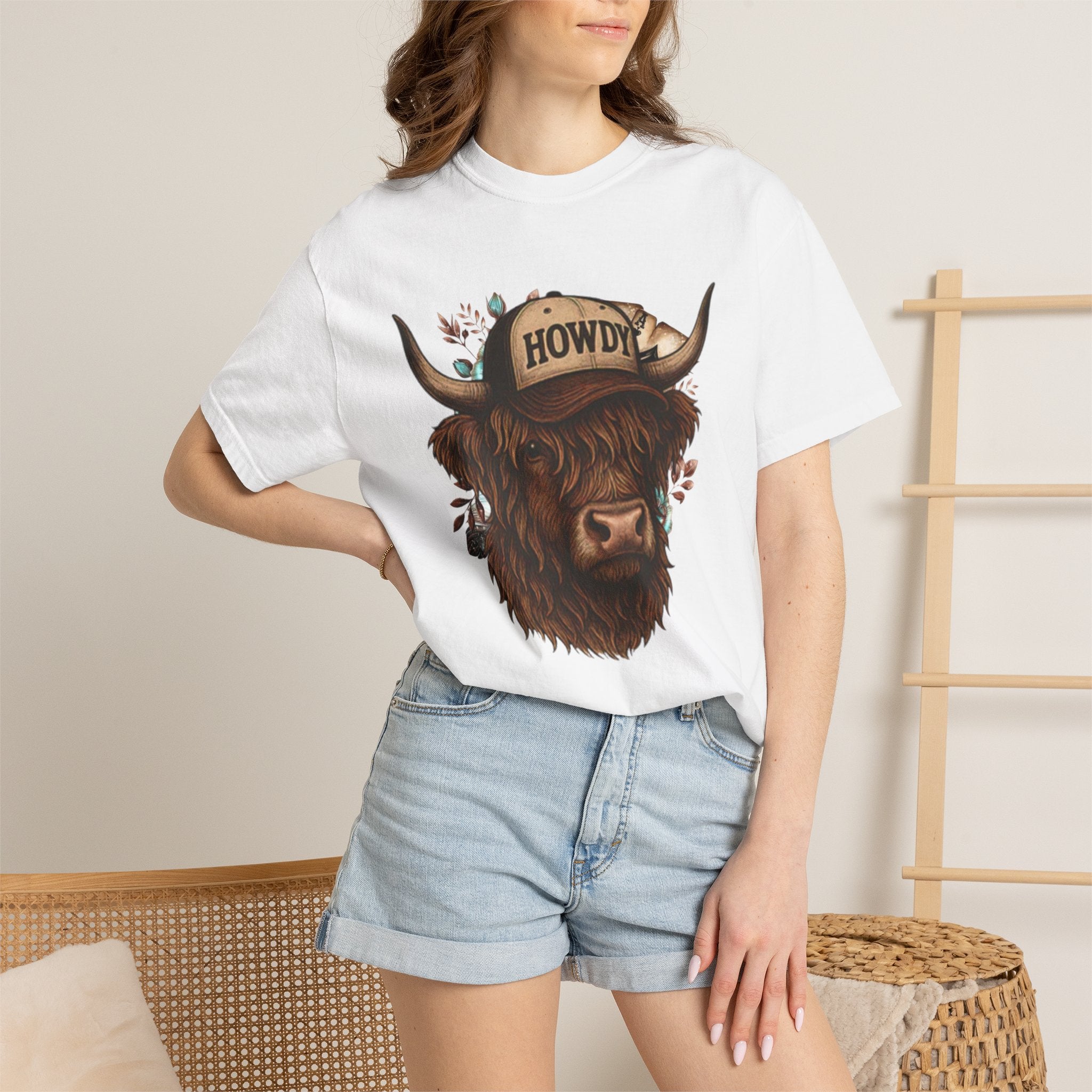 Highland Cow Wearing 'Howdy' Hat T-Shirt | Rustic Cattle Graphic Tee
