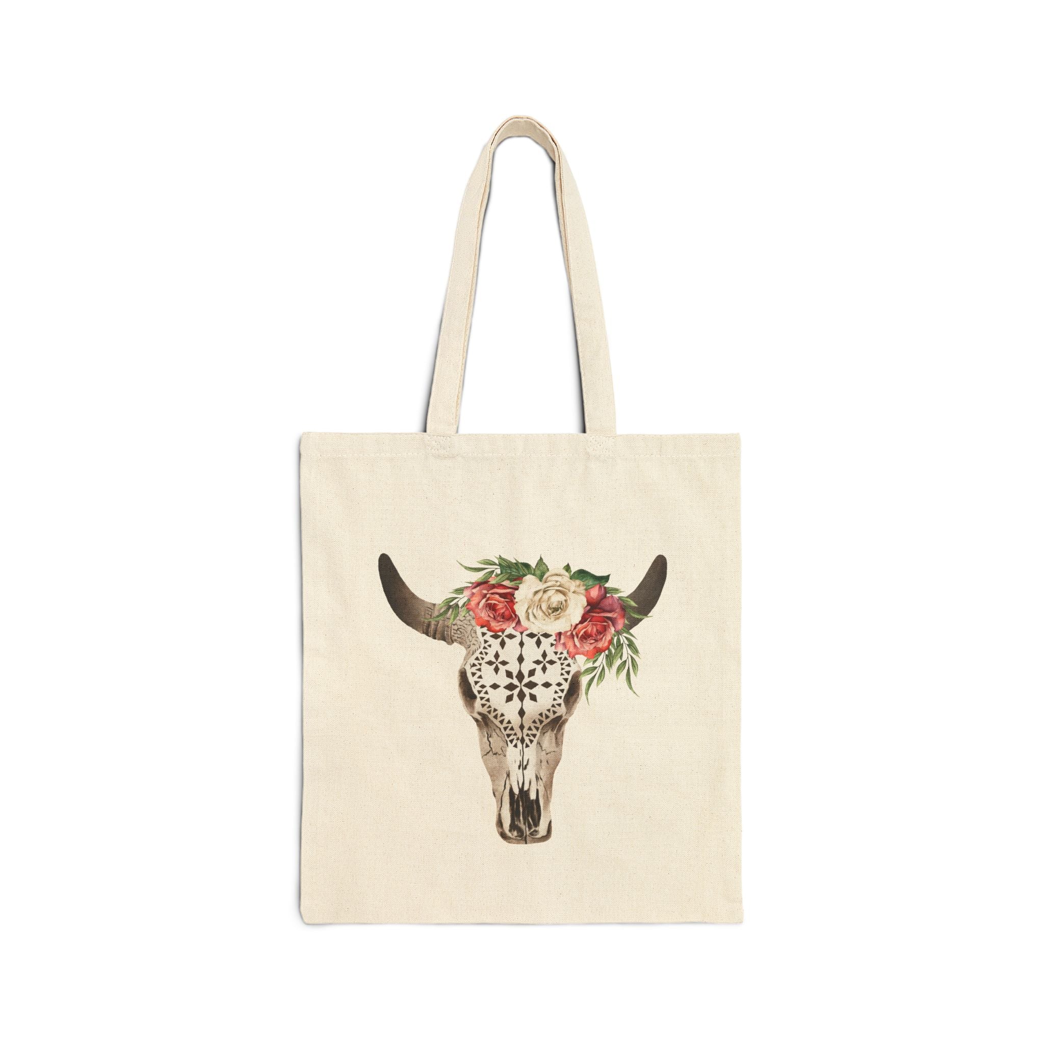 Floral Bull Skull Tote Bag | Boho Western Canvas Tote