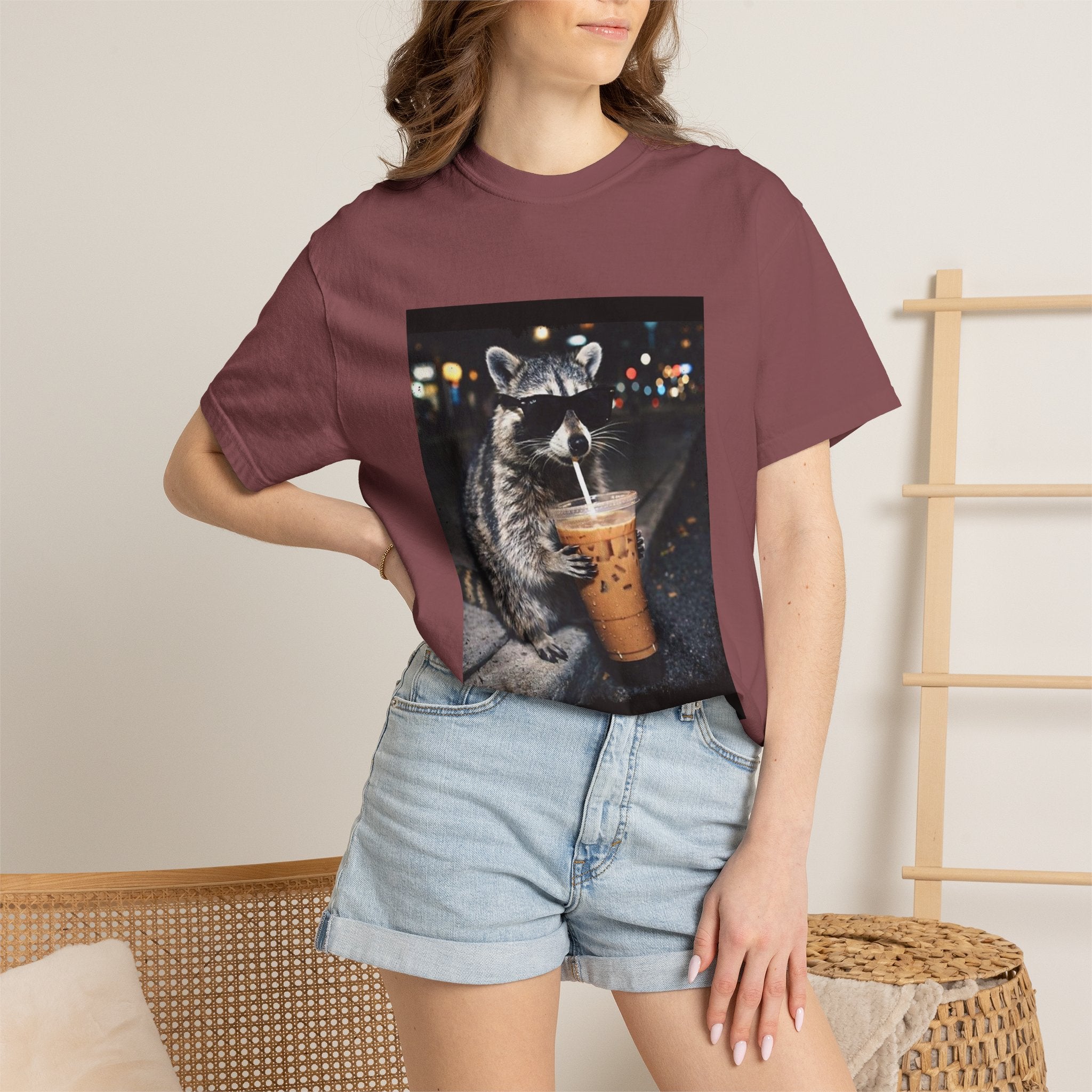 Raccoon Drinking Iced Coffee T-shirt | Night Street Photo Print