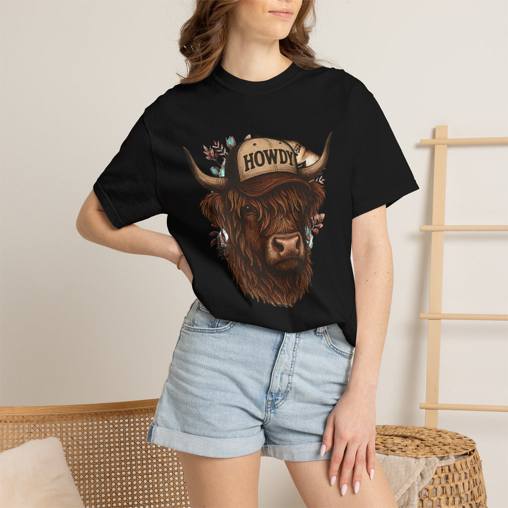 Highland Cow Wearing 'Howdy' Hat T-Shirt | Rustic Cattle Graphic Tee