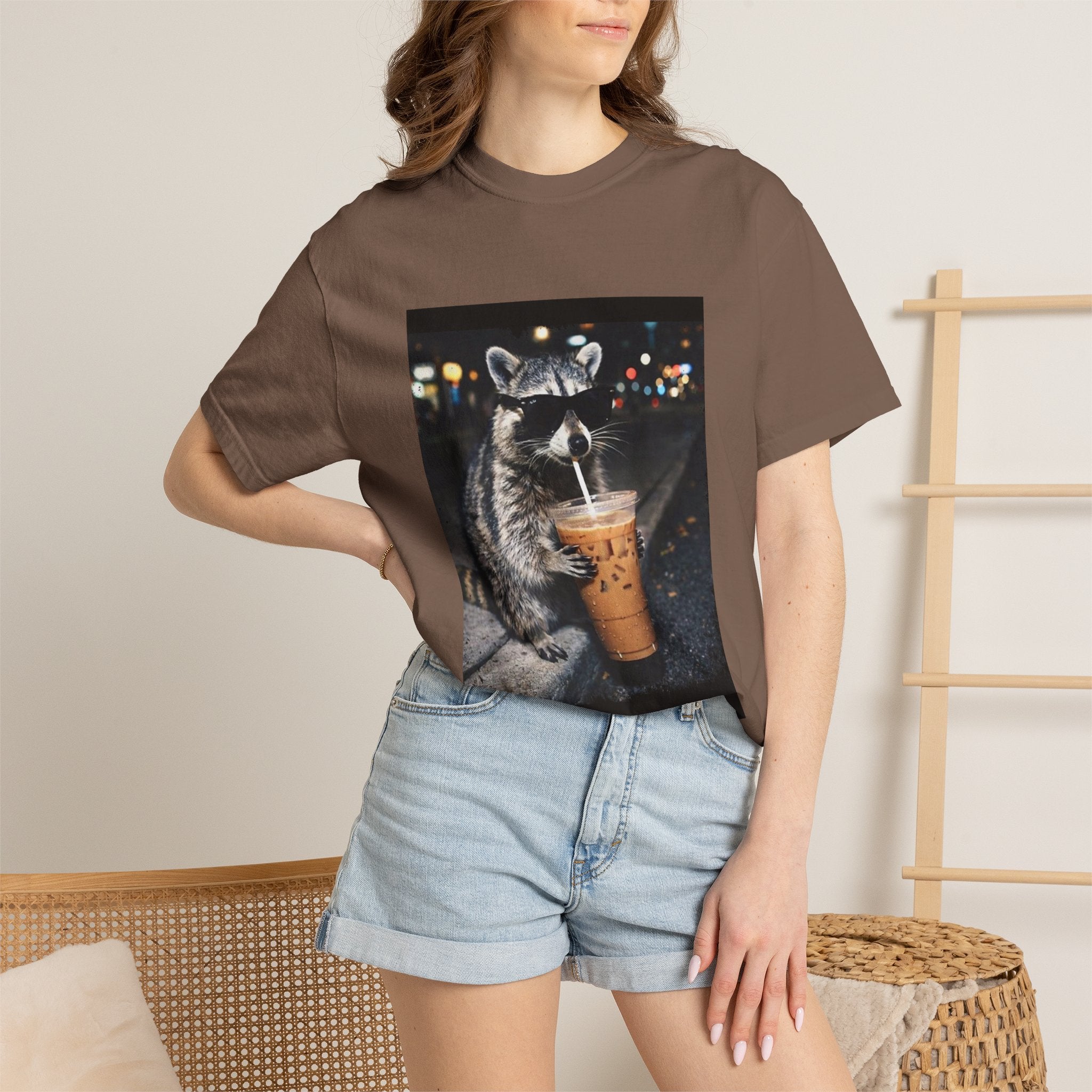 Raccoon Drinking Iced Coffee T-shirt | Night Street Photo Print